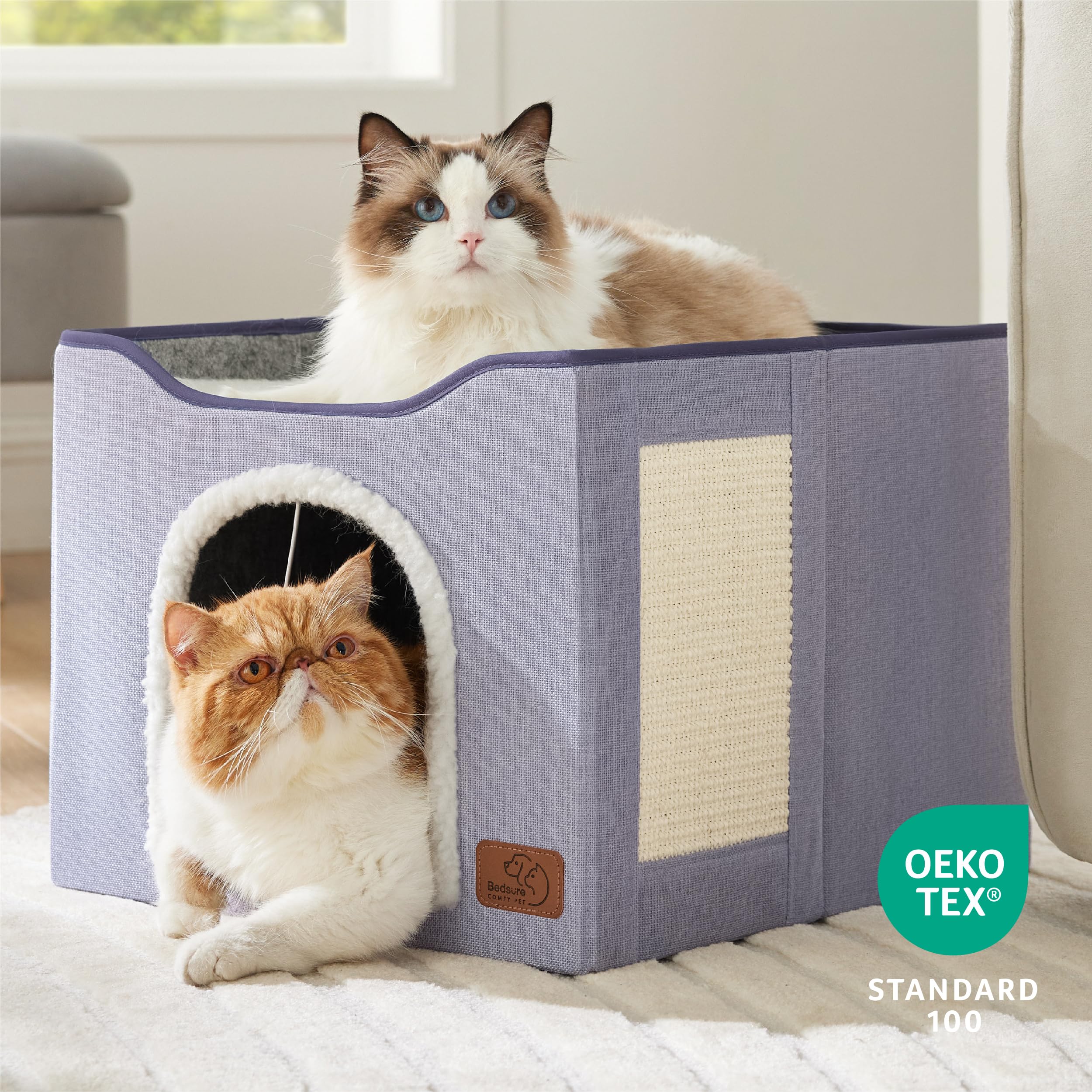 Bedsure Cat Beds for Indoor Cats - Large Cat Cave for Pet Cat House with Fluffy Ball Hanging and Scratch Pad, Foldable Cat Hideaway, 16.5x16.5x13 inches, Grey Gronata