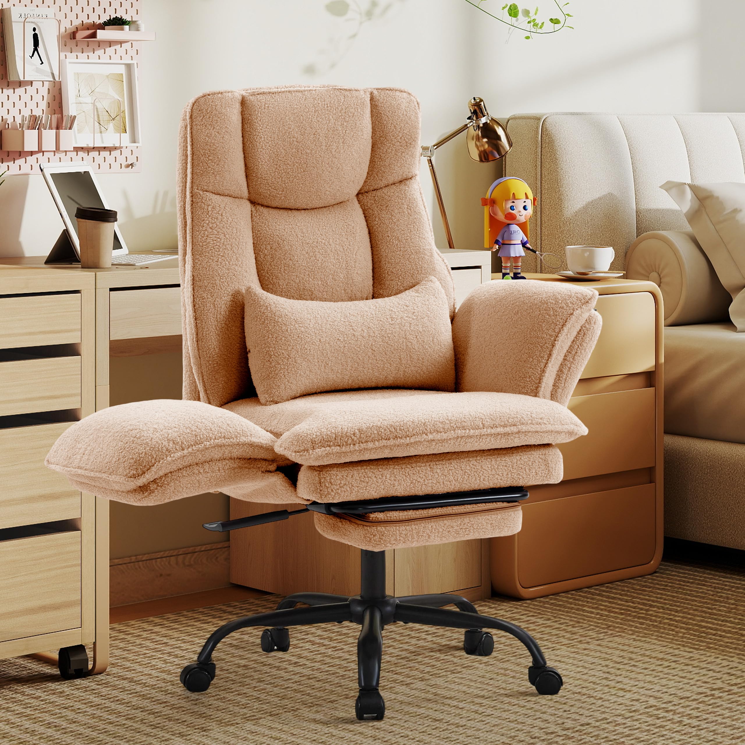 Office Chair,Big and Tall Heavy-Duty Executive Reclining Computer Gaming Chair with Footrest,Flip Armrests,Lumbar Pillow&Thicken Wider Seat for Criss Cross Legged Desk Vanity Chair,Teddy Fabric White Gronata