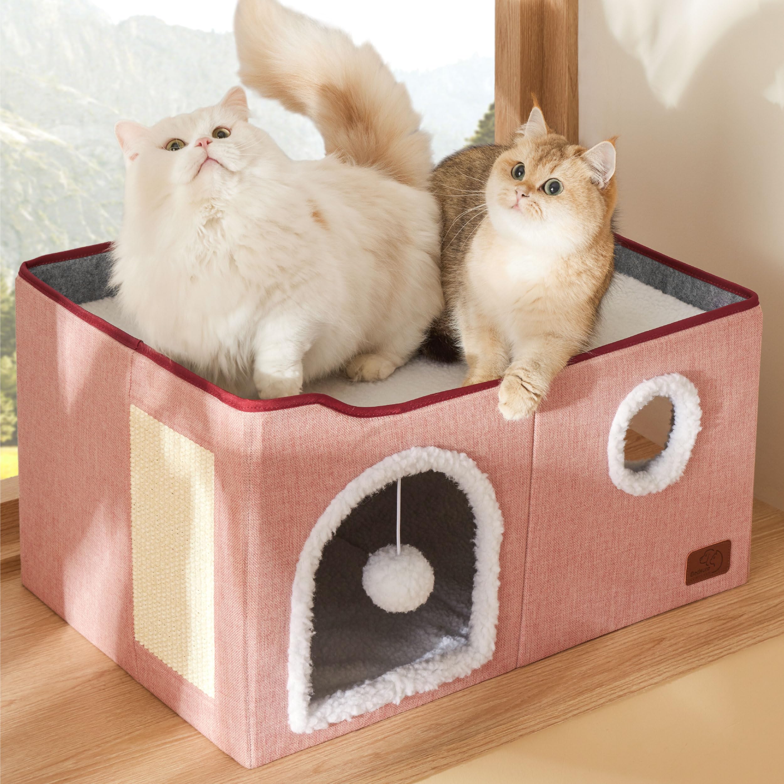 Bedsure Cat Beds for Indoor Cats - Large Cat Cave for Pet Cat House with Fluffy Ball Hanging and Scratch Pad, Foldable Cat Hideaway, 16.5x16.5x13 inches, Grey Gronata