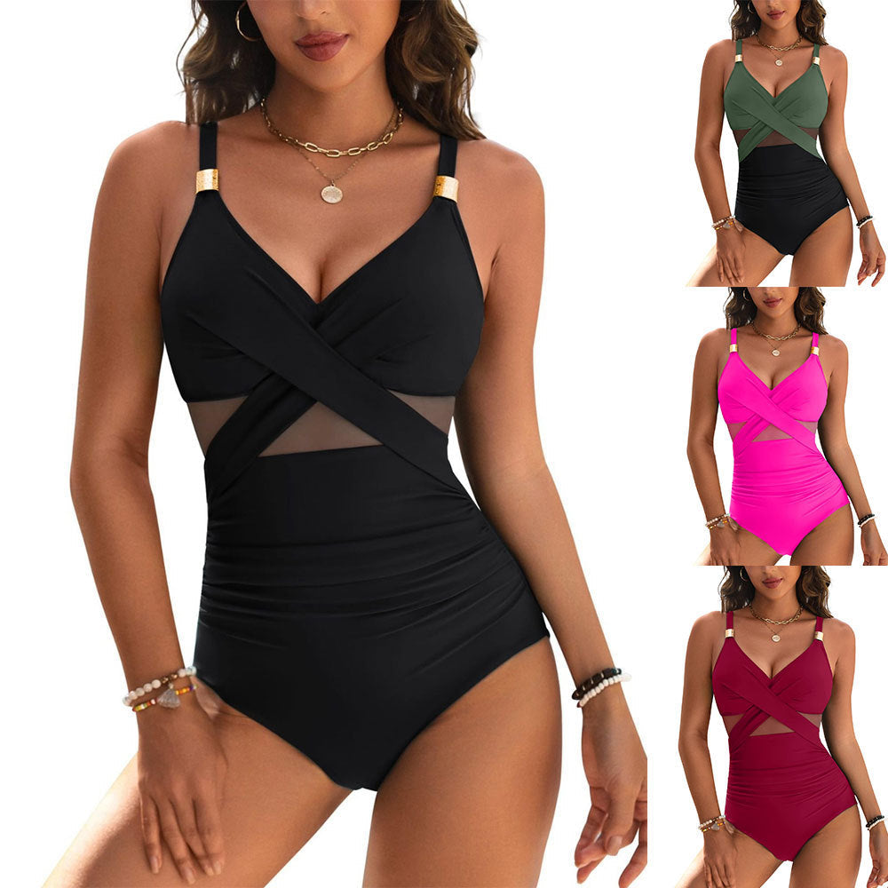 Women's Fashion One-piece Pure Color Mesh Swimsuit Bikini Gronata