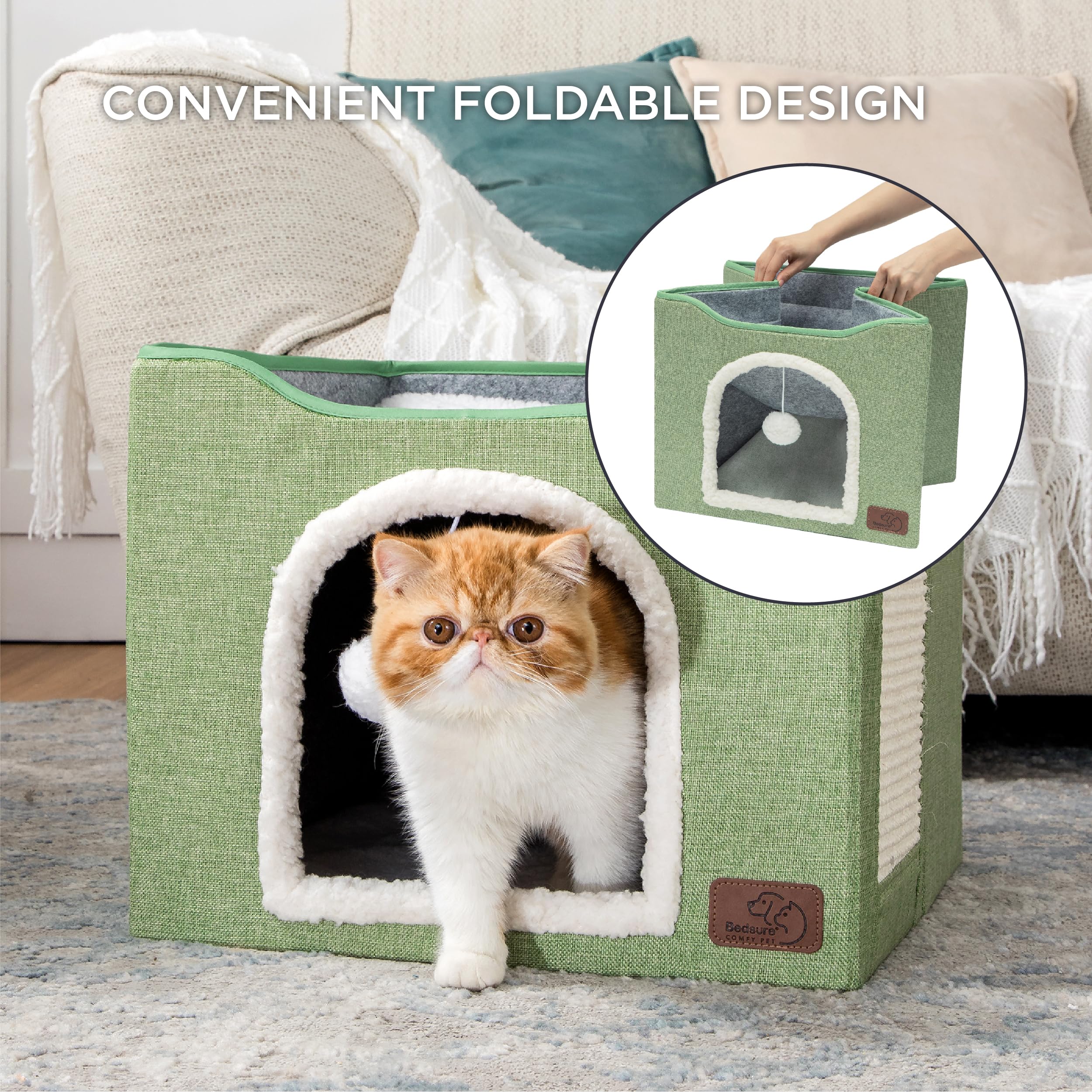 Bedsure Cat Beds for Indoor Cats - Large Cat Cave for Pet Cat House with Fluffy Ball Hanging and Scratch Pad, Foldable Cat Hideaway, 16.5x16.5x13 inches, Grey Gronata