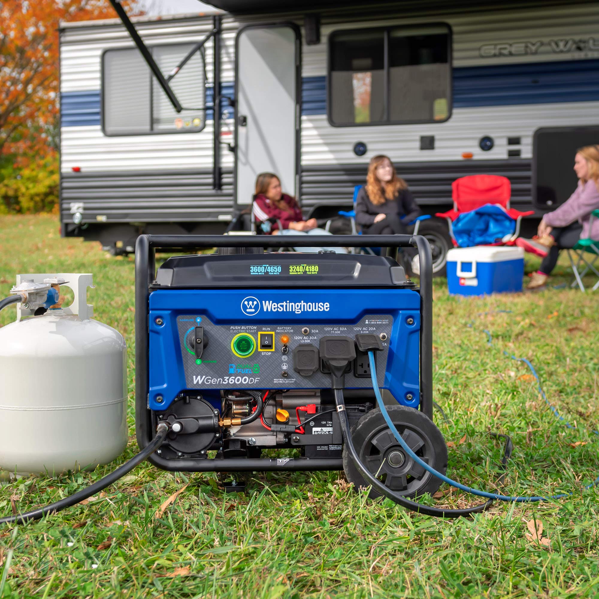 Westinghouse WGen3600DF Dual Fuel Portable Generator, 4650 Peak Watts & 3600 Rated Watts, Remote Electric Start with Auto Choke, RV Ready 30A Outlet, Gas & Propane Powered, CARB Compliant Gronata