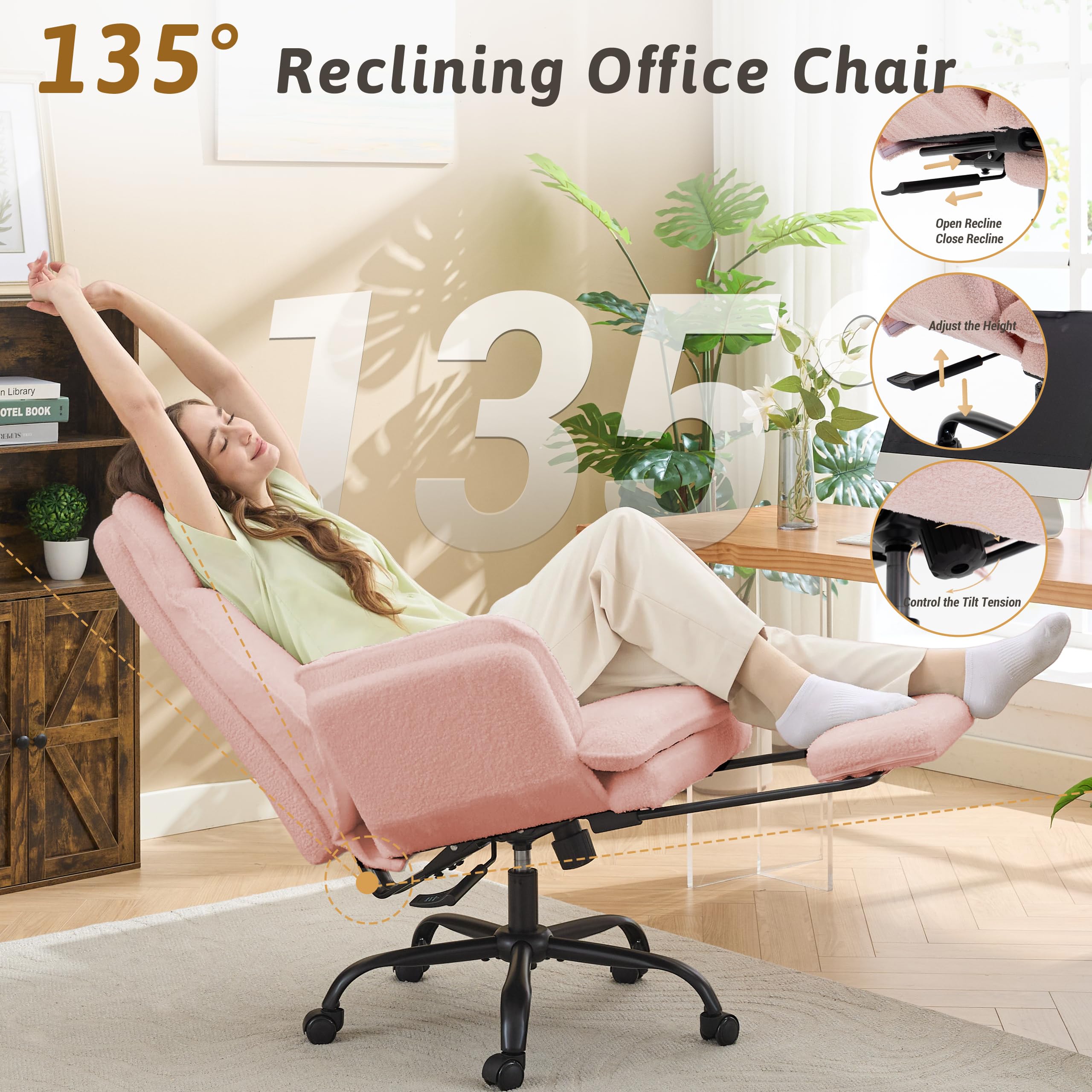 Office Chair,Big and Tall Heavy-Duty Executive Reclining Computer Gaming Chair with Footrest,Flip Armrests,Lumbar Pillow&Thicken Wider Seat for Criss Cross Legged Desk Vanity Chair,Teddy Fabric White Gronata
