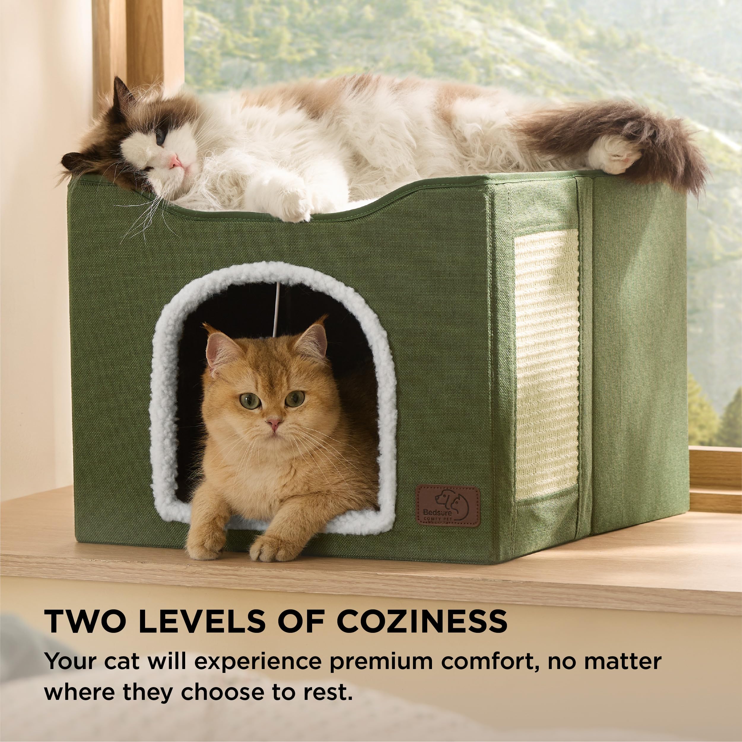 Bedsure Cat Beds for Indoor Cats - Large Cat Cave for Pet Cat House with Fluffy Ball Hanging and Scratch Pad, Foldable Cat Hideaway, 16.5x16.5x13 inches, Grey Gronata