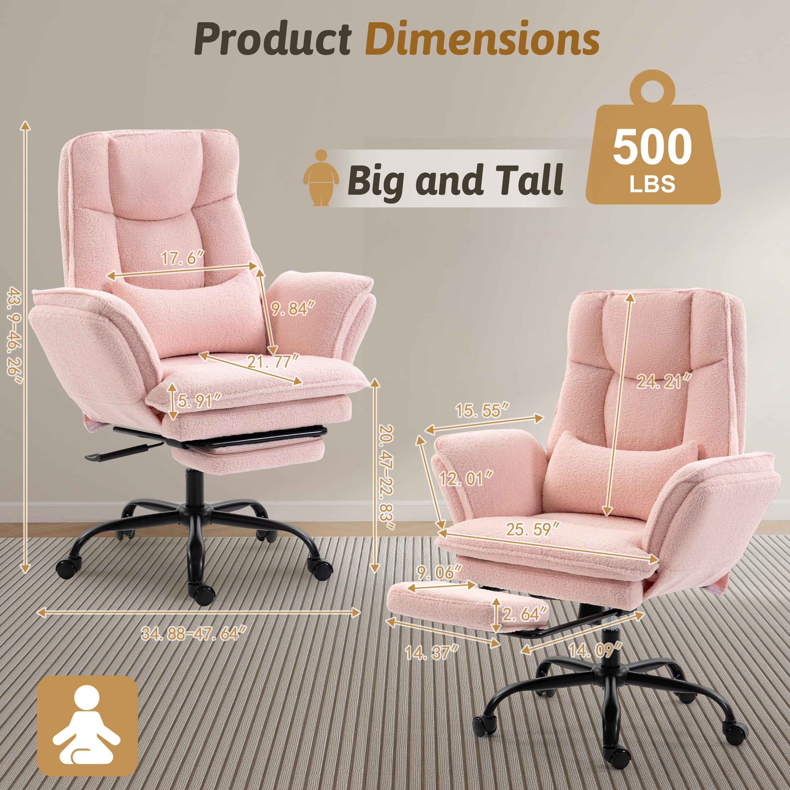 Office Chair,Big and Tall Heavy-Duty Executive Reclining Computer Gaming Chair with Footrest,Flip Armrests,Lumbar Pillow&Thicken Wider Seat for Criss Cross Legged Desk Vanity Chair,Teddy Fabric White Gronata