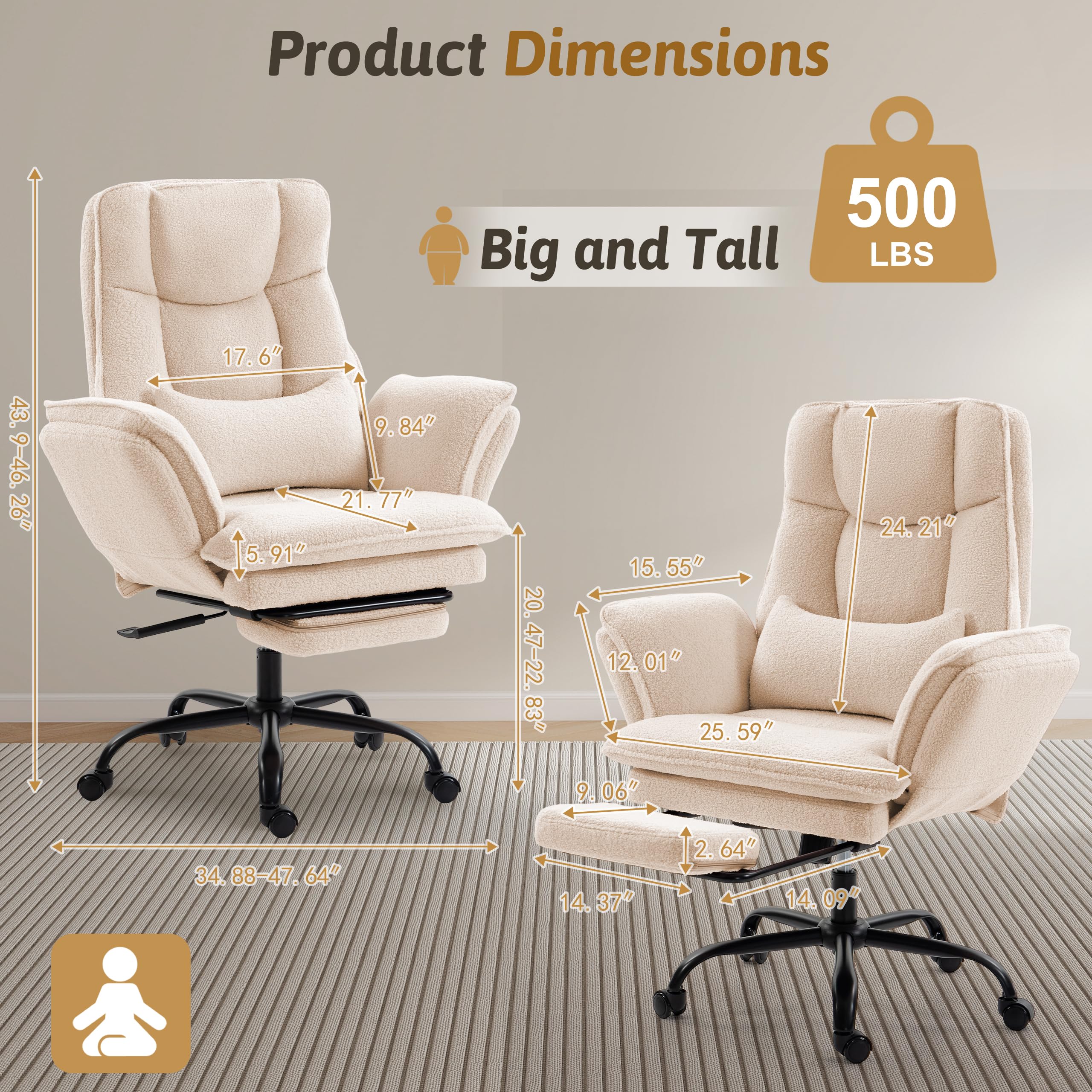 Office Chair,Big and Tall Heavy-Duty Executive Reclining Computer Gaming Chair with Footrest,Flip Armrests,Lumbar Pillow&Thicken Wider Seat for Criss Cross Legged Desk Vanity Chair,Teddy Fabric White Gronata