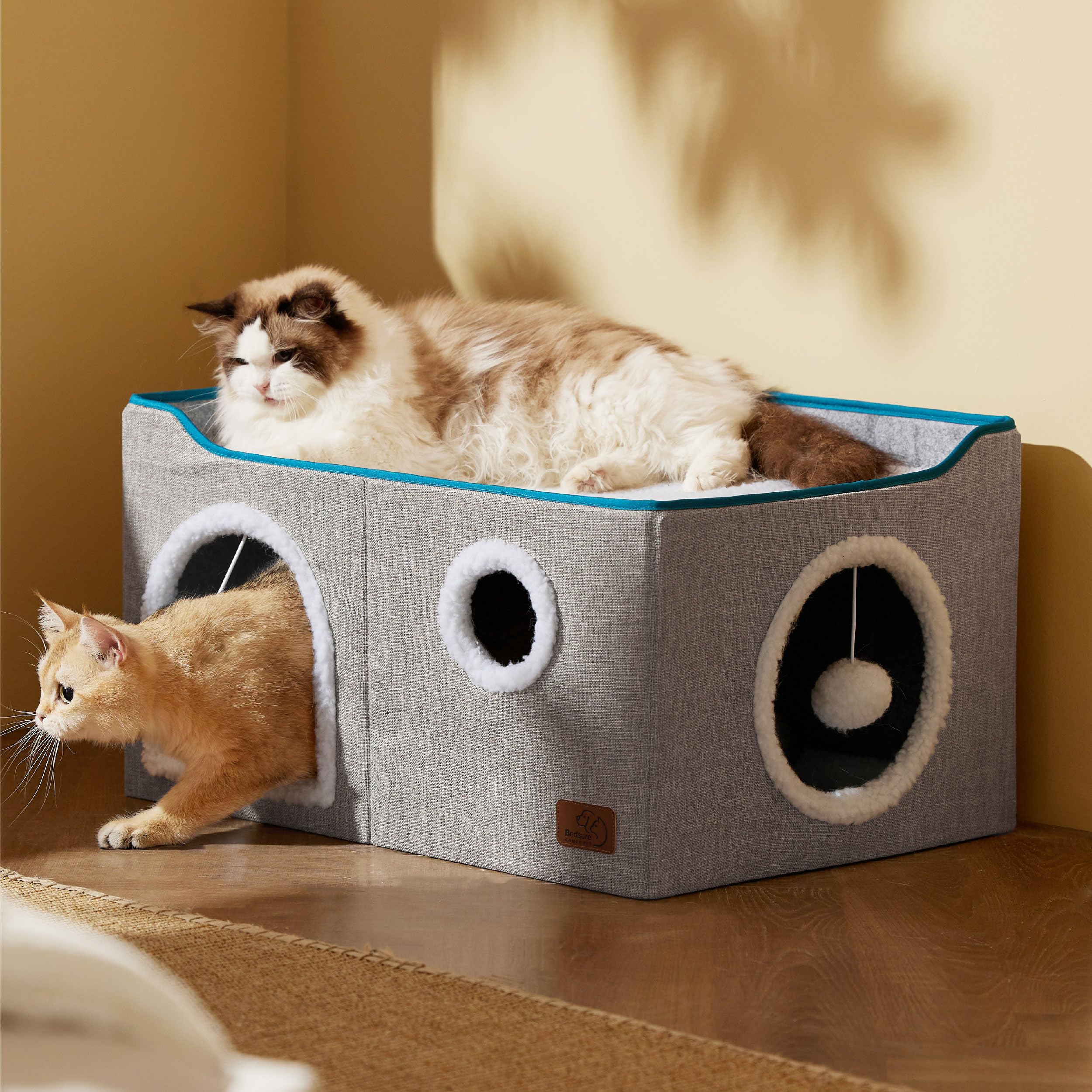 Bedsure Cat Beds for Indoor Cats - Large Cat Cave for Pet Cat House with Fluffy Ball Hanging and Scratch Pad, Foldable Cat Hideaway, 16.5x16.5x13 inches, Grey Gronata