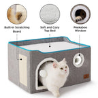 Bedsure Cat Beds for Indoor Cats - Large Cat Cave for Pet Cat House with Fluffy Ball Hanging and Scratch Pad, Foldable Cat Hideaway, 16.5x16.5x13 inches, Grey Gronata