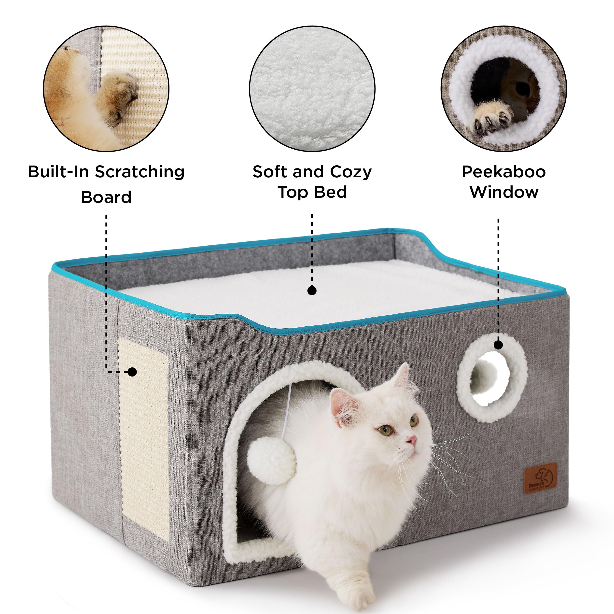 Bedsure Cat Beds for Indoor Cats - Large Cat Cave for Pet Cat House with Fluffy Ball Hanging and Scratch Pad, Foldable Cat Hideaway, 16.5x16.5x13 inches, Grey Gronata