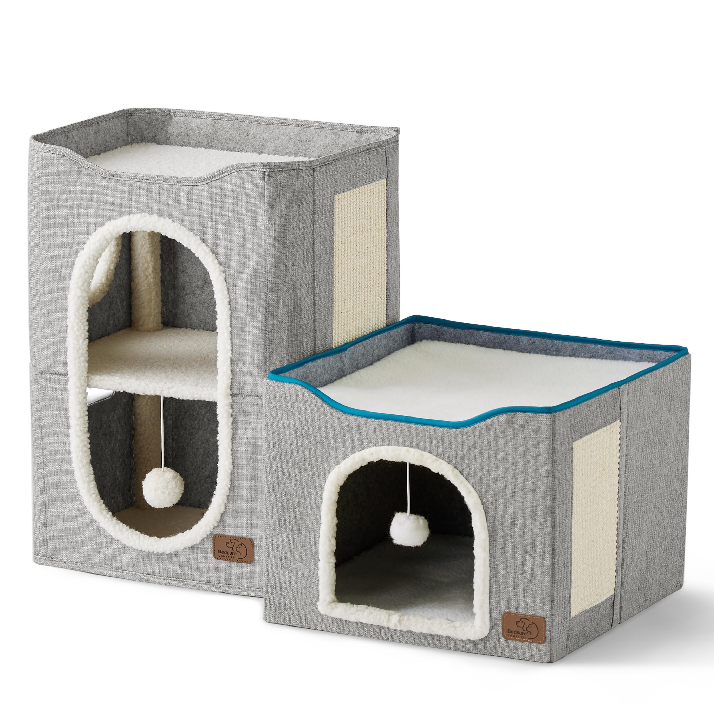 Bedsure Cat Beds for Indoor Cats - Large Cat Cave for Pet Cat House with Fluffy Ball Hanging and Scratch Pad, Foldable Cat Hideaway, 16.5x16.5x13 inches, Grey Gronata