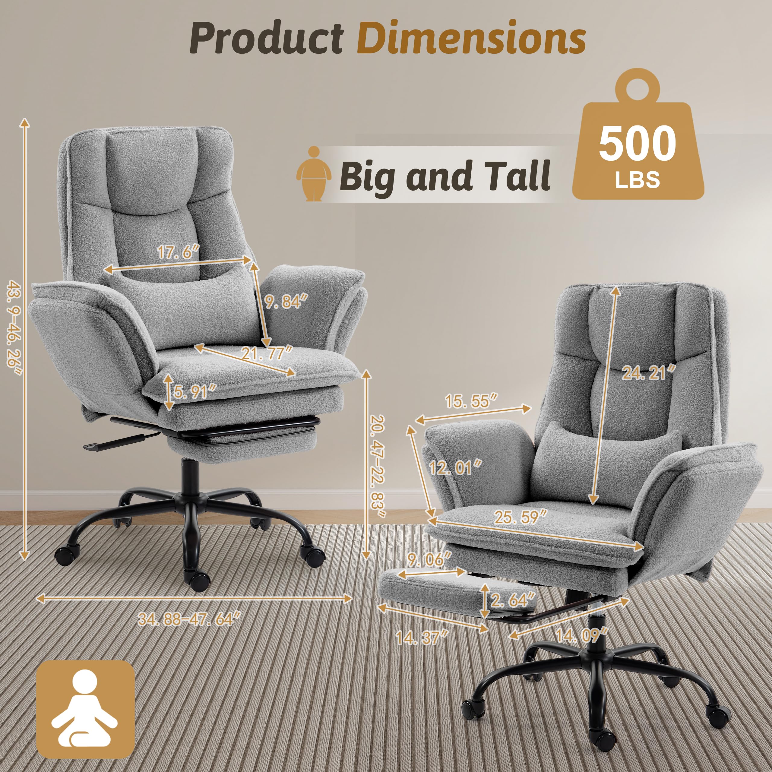 Office Chair,Big and Tall Heavy-Duty Executive Reclining Computer Gaming Chair with Footrest,Flip Armrests,Lumbar Pillow&Thicken Wider Seat for Criss Cross Legged Desk Vanity Chair,Teddy Fabric White Gronata