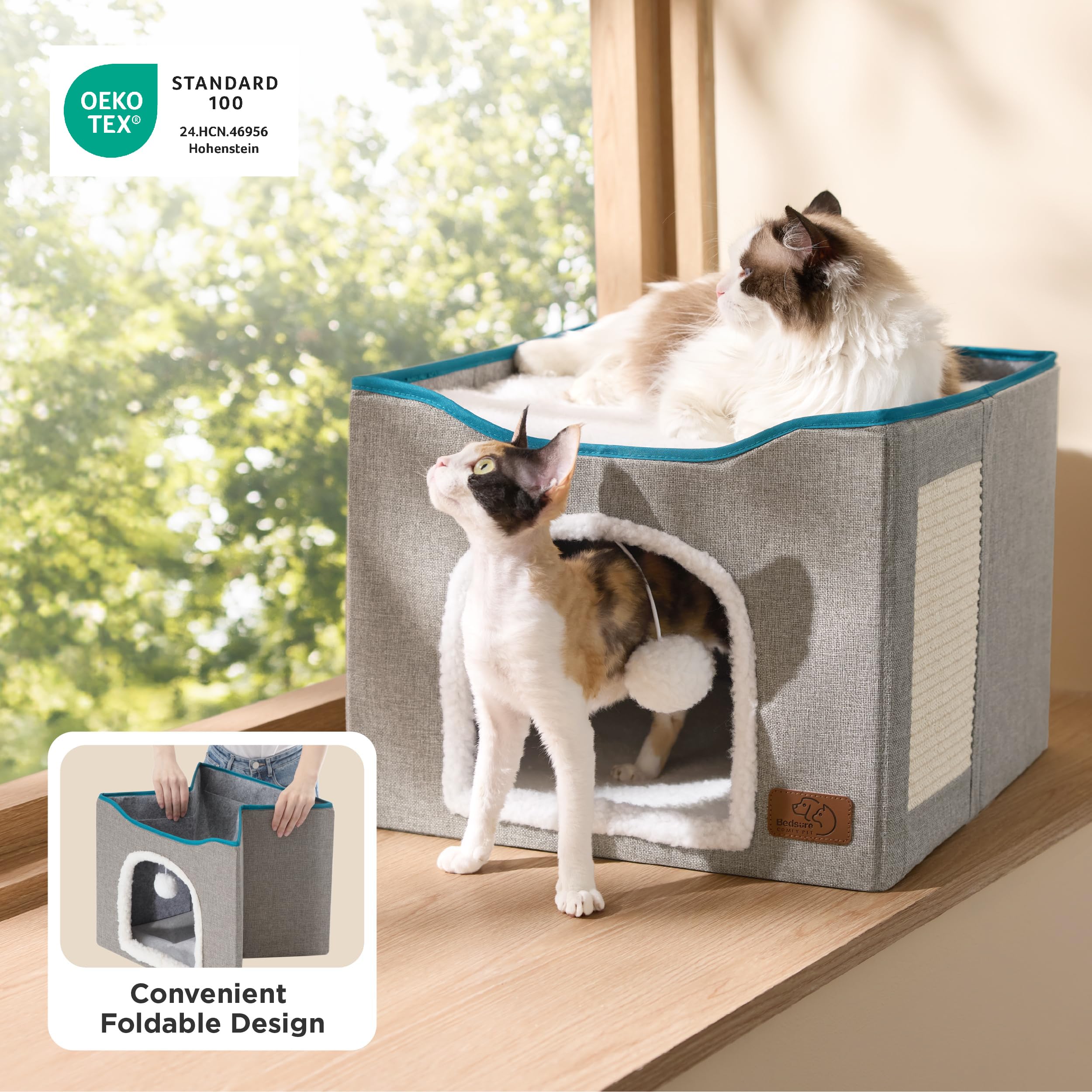 Bedsure Cat Beds for Indoor Cats - Large Cat Cave for Pet Cat House with Fluffy Ball Hanging and Scratch Pad, Foldable Cat Hideaway, 16.5x16.5x13 inches, Grey Gronata