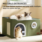 Bedsure Cat Beds for Indoor Cats - Large Cat Cave for Pet Cat House with Fluffy Ball Hanging and Scratch Pad, Foldable Cat Hideaway, 16.5x16.5x13 inches, Grey Gronata