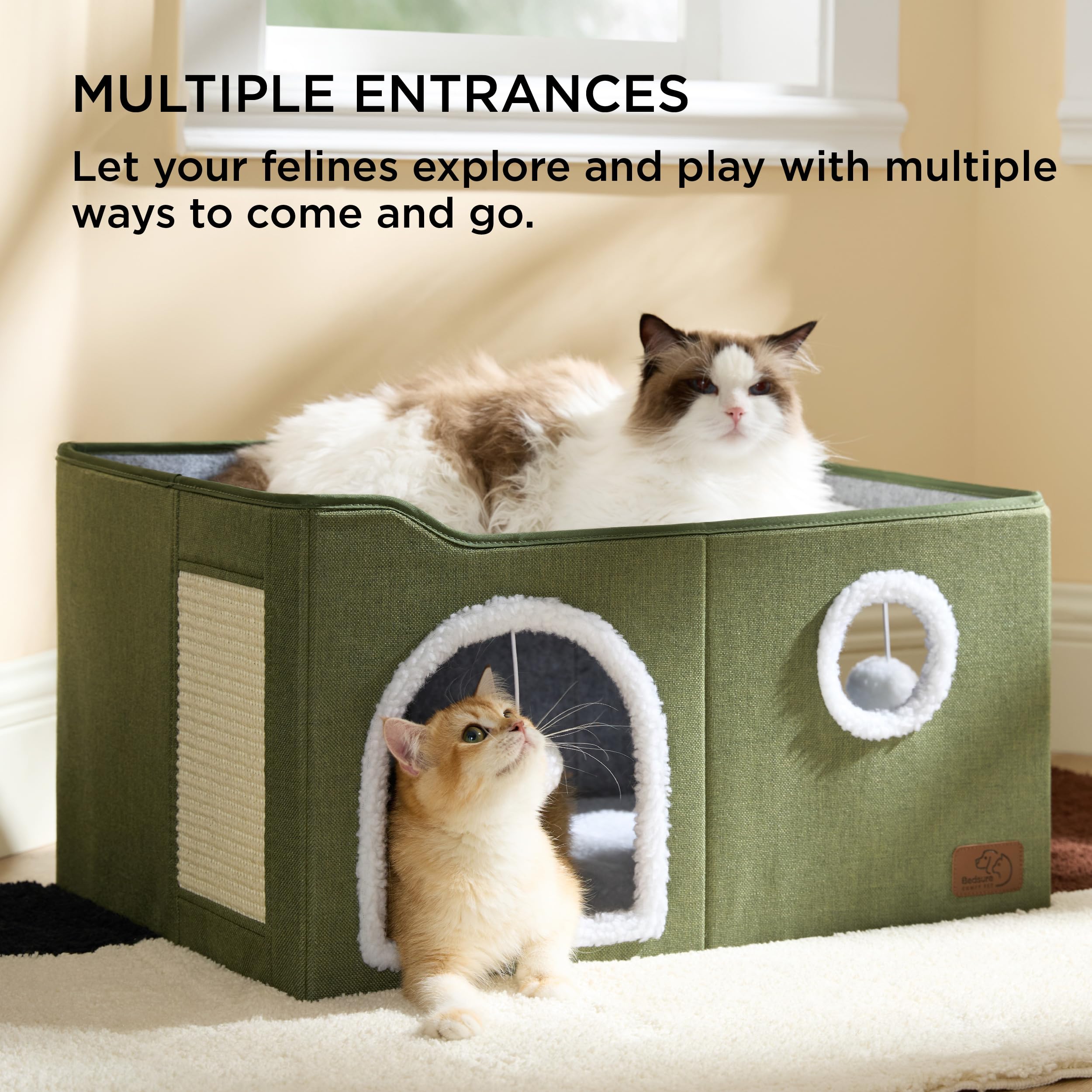 Bedsure Cat Beds for Indoor Cats - Large Cat Cave for Pet Cat House with Fluffy Ball Hanging and Scratch Pad, Foldable Cat Hideaway, 16.5x16.5x13 inches, Grey Gronata