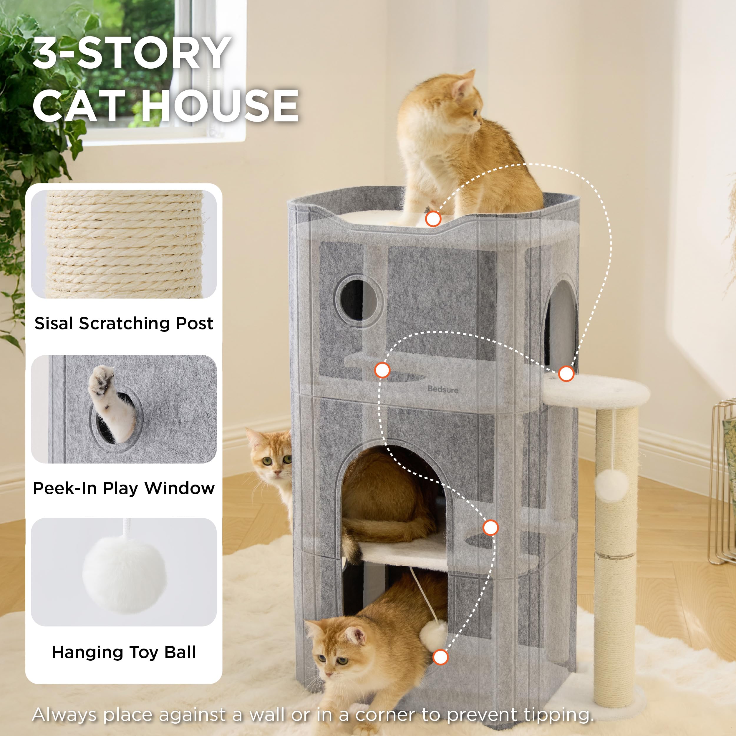 Bedsure Cat Beds for Indoor Cats - Large Cat Cave for Pet Cat House with Fluffy Ball Hanging and Scratch Pad, Foldable Cat Hideaway, 16.5x16.5x13 inches, Grey Gronata