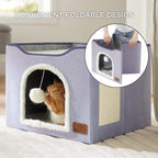 Bedsure Cat Beds for Indoor Cats - Large Cat Cave for Pet Cat House with Fluffy Ball Hanging and Scratch Pad, Foldable Cat Hideaway, 16.5x16.5x13 inches, Grey Gronata