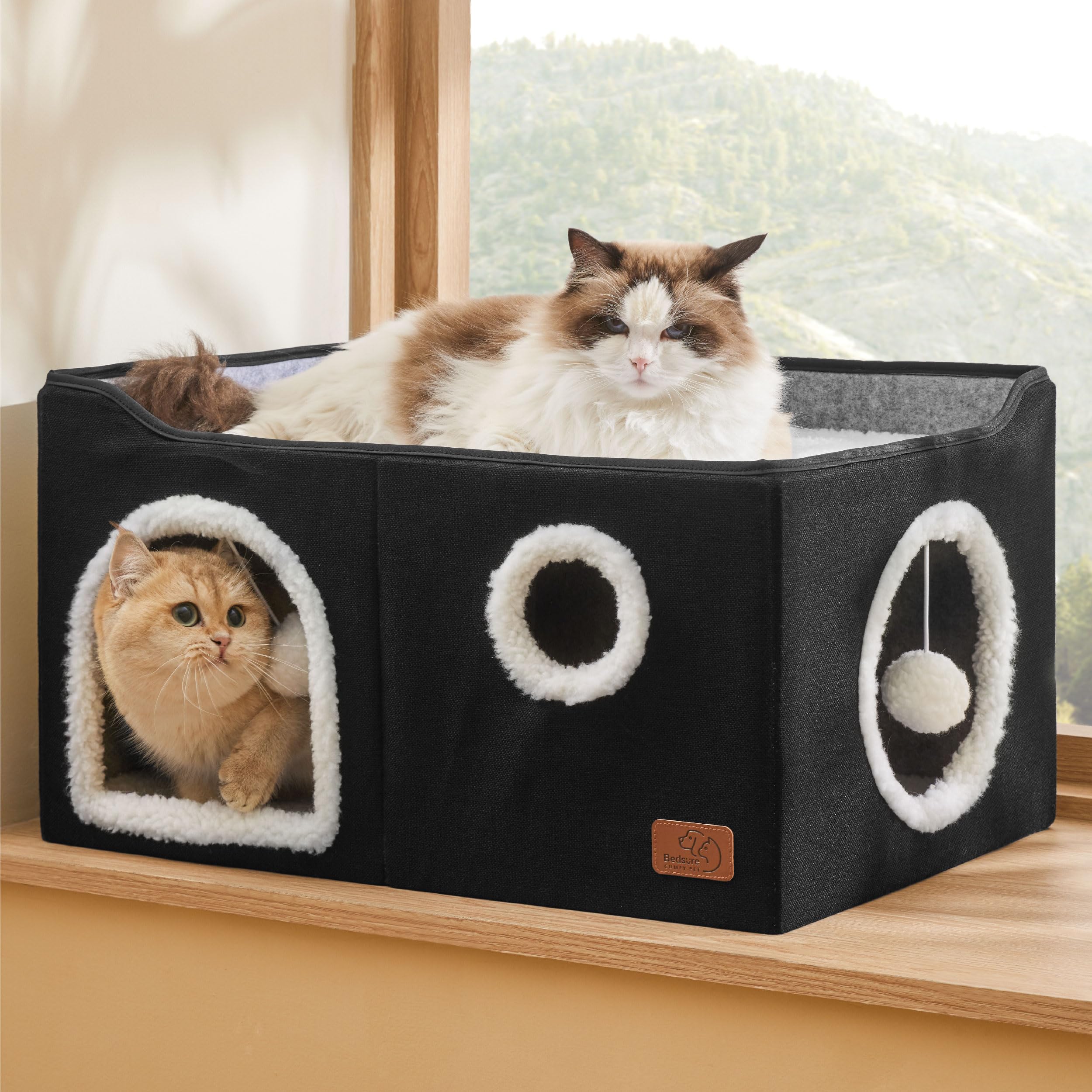 Bedsure Cat Beds for Indoor Cats - Large Cat Cave for Pet Cat House with Fluffy Ball Hanging and Scratch Pad, Foldable Cat Hideaway, 16.5x16.5x13 inches, Grey Gronata