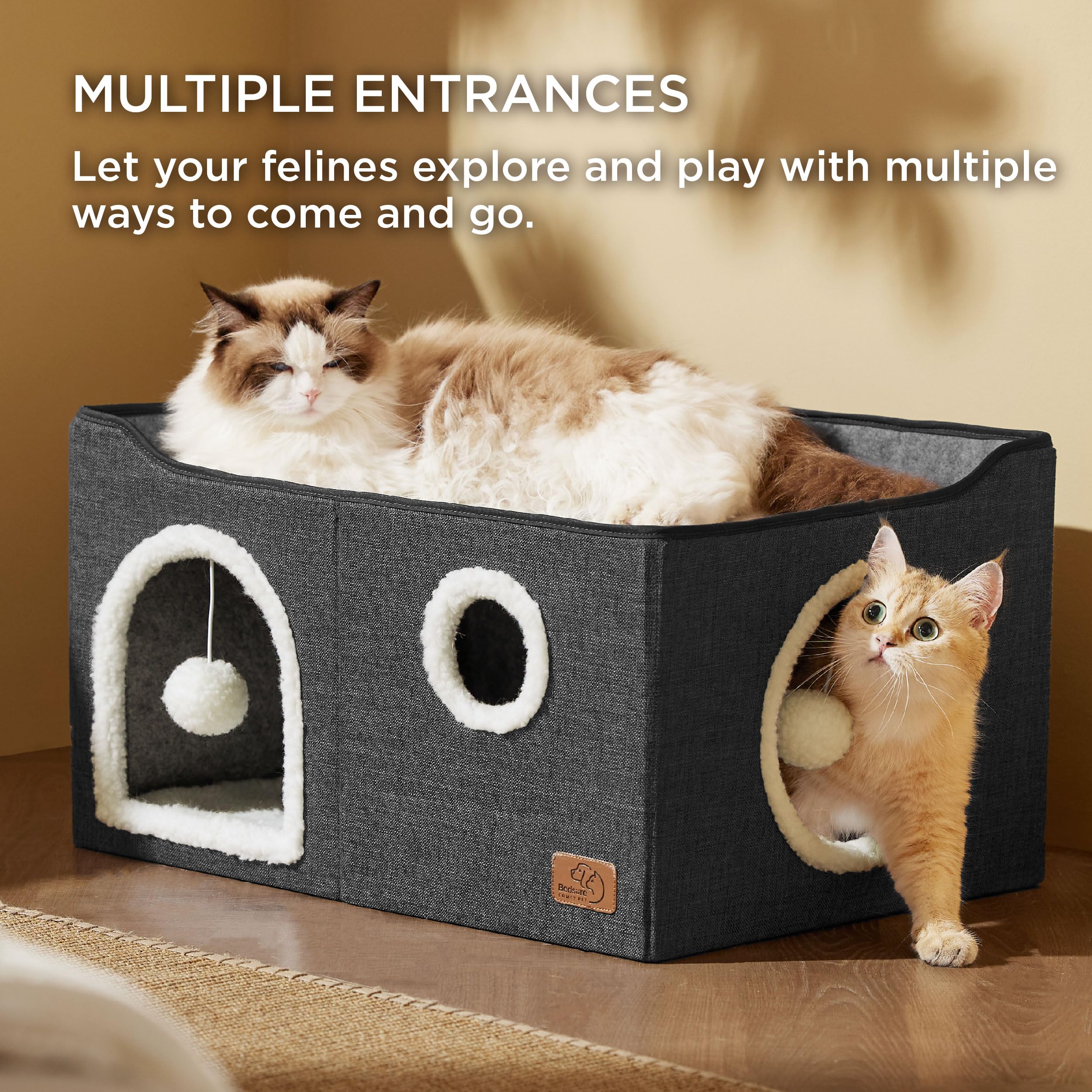 Bedsure Cat Beds for Indoor Cats - Large Cat Cave for Pet Cat House with Fluffy Ball Hanging and Scratch Pad, Foldable Cat Hideaway, 16.5x16.5x13 inches, Grey Gronata