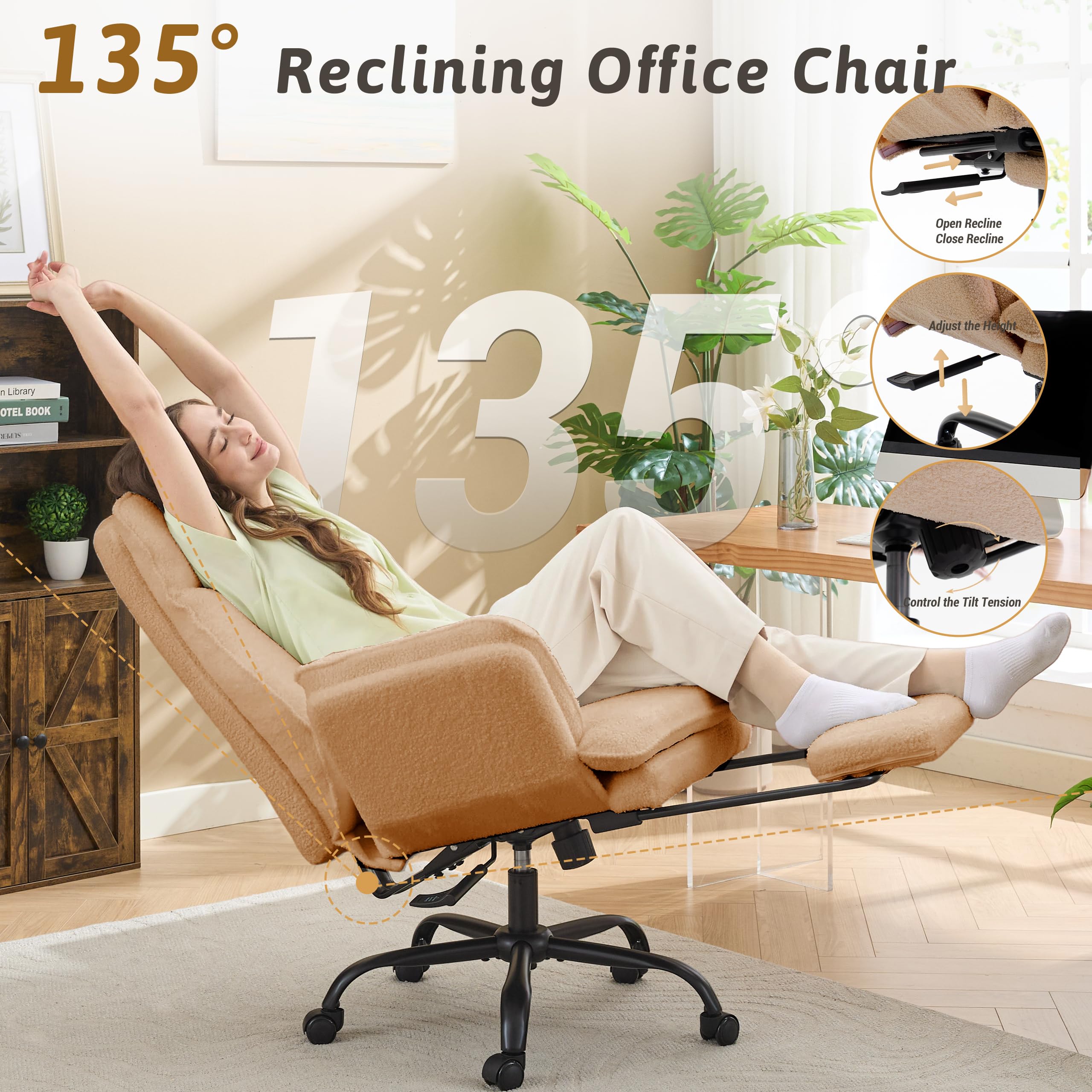 Office Chair,Big and Tall Heavy-Duty Executive Reclining Computer Gaming Chair with Footrest,Flip Armrests,Lumbar Pillow&Thicken Wider Seat for Criss Cross Legged Desk Vanity Chair,Teddy Fabric White Gronata