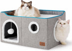Bedsure Cat Beds for Indoor Cats - Large Cat Cave for Pet Cat House with Fluffy Ball Hanging and Scratch Pad, Foldable Cat Hideaway, 16.5x16.5x13 inches Gronata