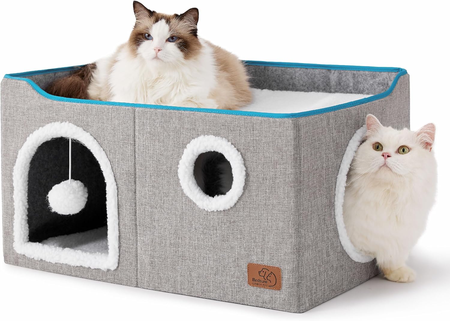 Bedsure Cat Beds for Indoor Cats - Large Cat Cave for Pet Cat House with Fluffy Ball Hanging and Scratch Pad, Foldable Cat Hideaway, 16.5x16.5x13 inches Gronata