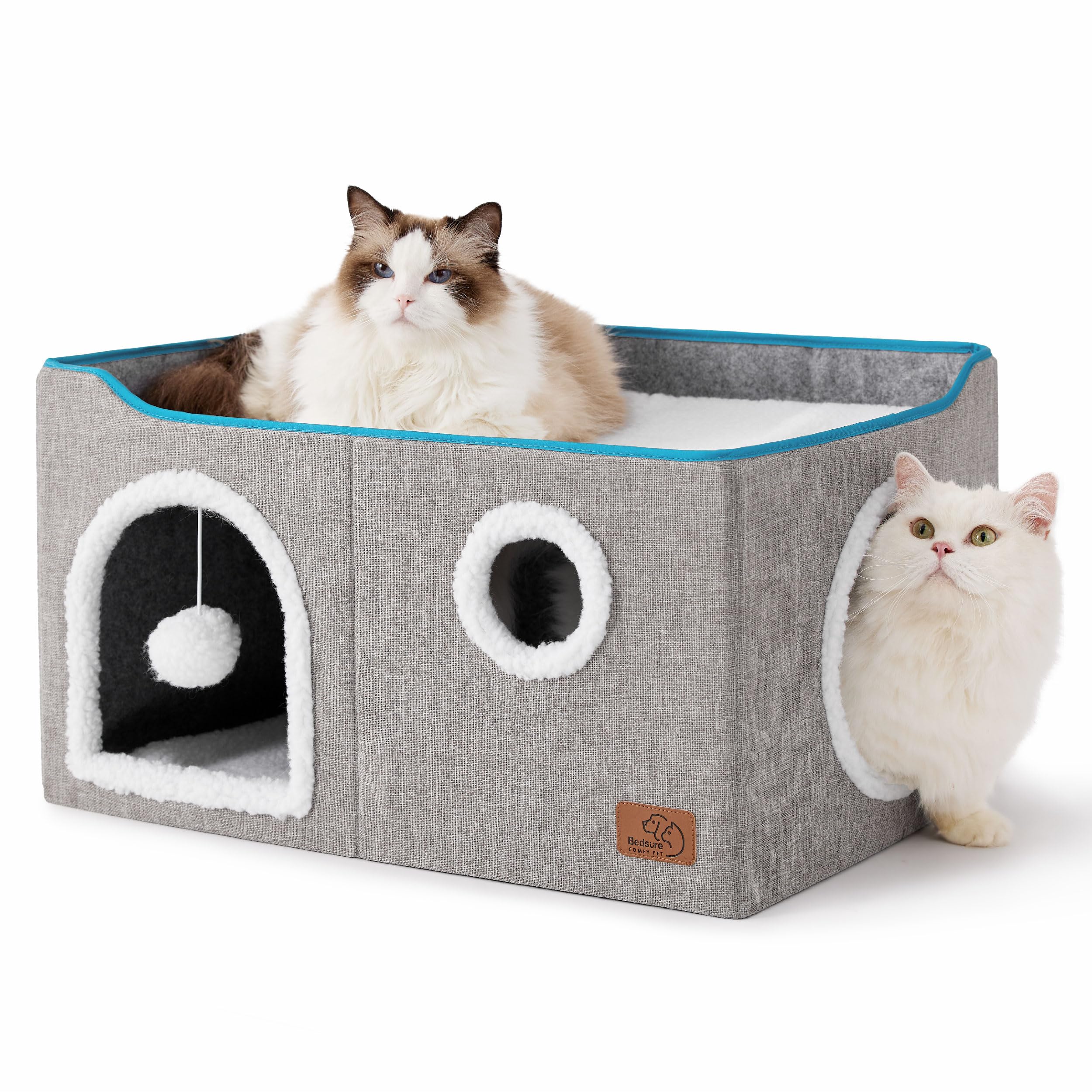 Bedsure Cat Beds for Indoor Cats - Large Cat Cave for Pet Cat House with Fluffy Ball Hanging and Scratch Pad, Foldable Cat Hideaway, 16.5x16.5x13 inches, Grey Gronata