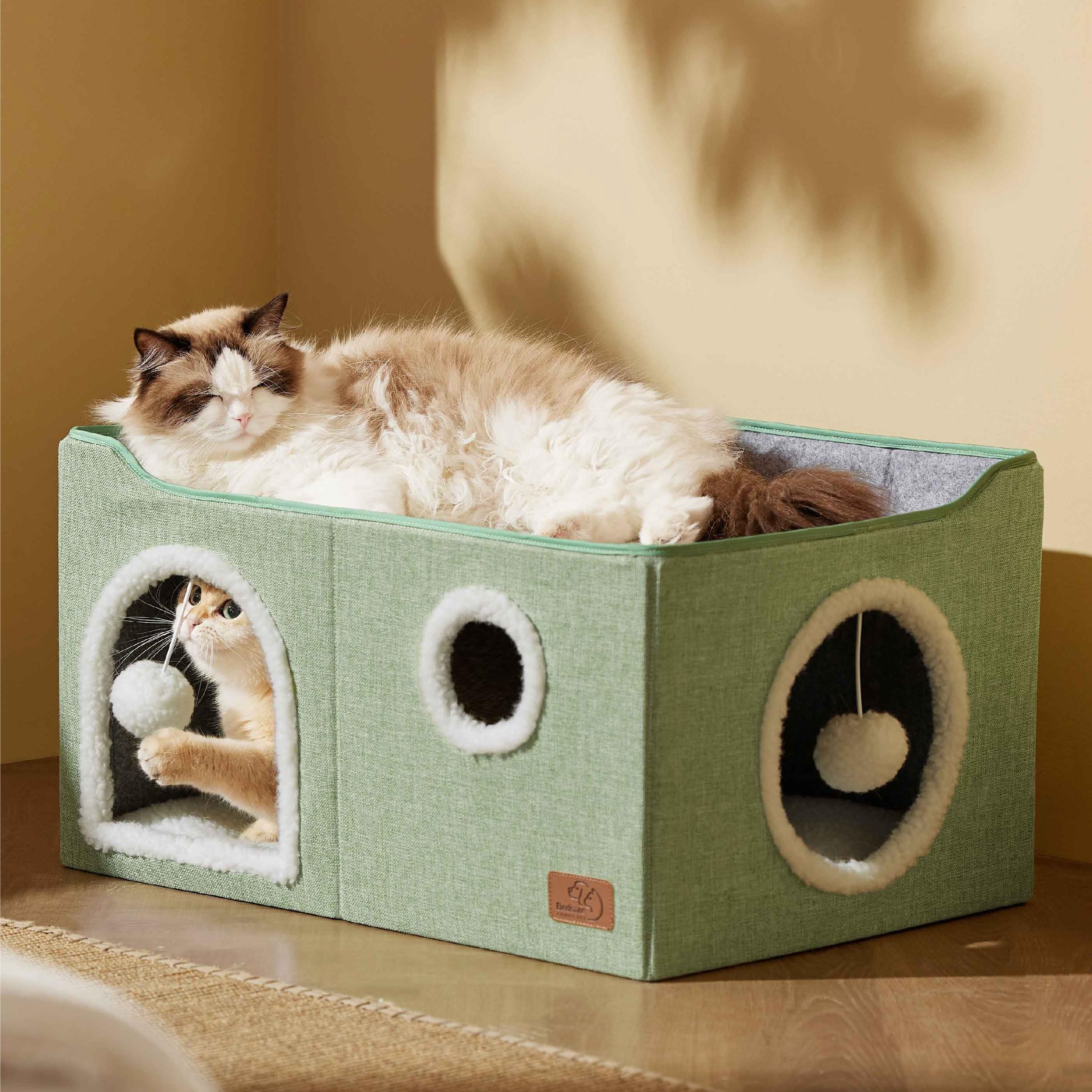 Bedsure Cat Beds for Indoor Cats - Large Cat Cave for Pet Cat House with Fluffy Ball Hanging and Scratch Pad, Foldable Cat Hideaway, 16.5x16.5x13 inches, Grey Gronata