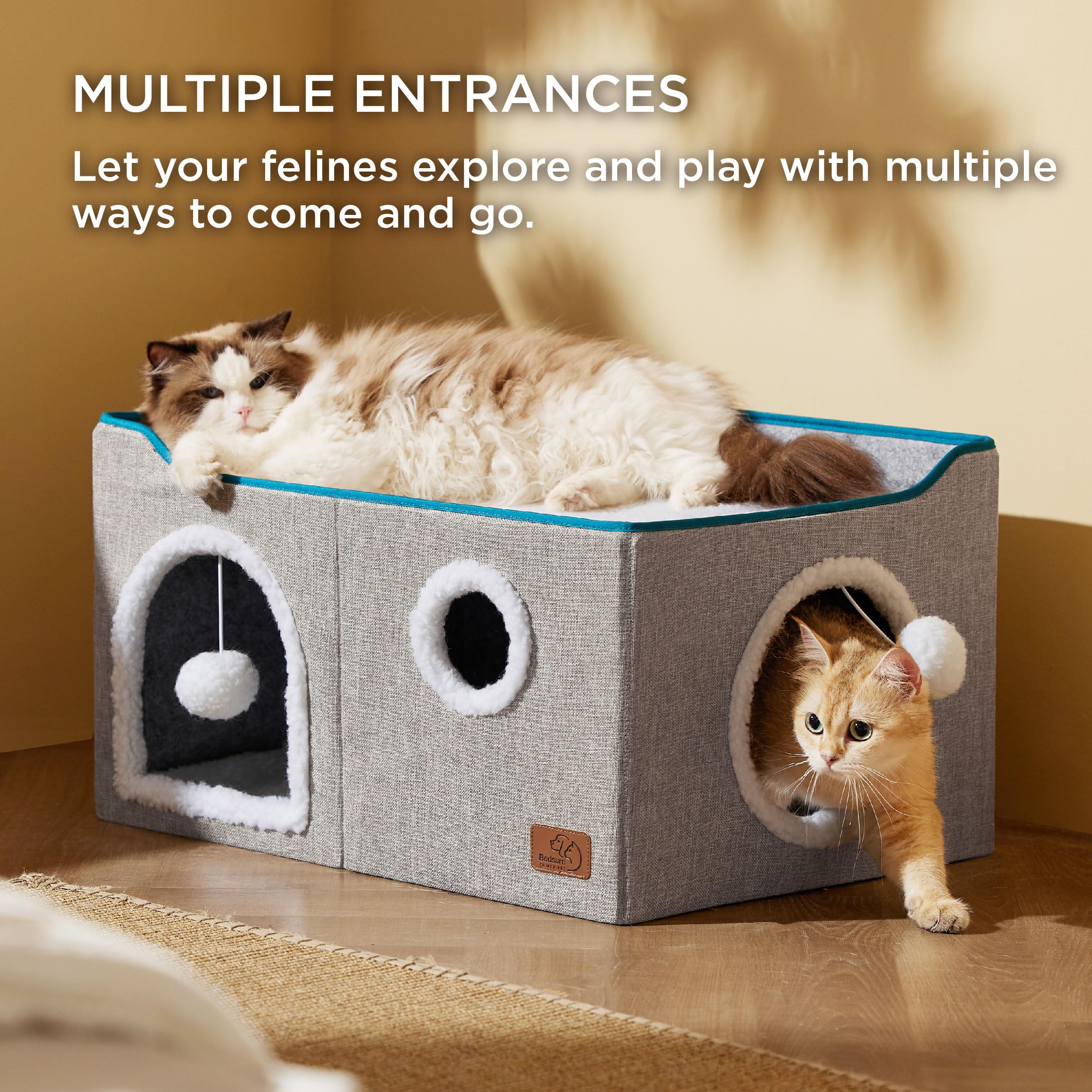 Bedsure Cat Beds for Indoor Cats - Large Cat Cave for Pet Cat House with Fluffy Ball Hanging and Scratch Pad, Foldable Cat Hideaway, 16.5x16.5x13 inches, Grey Gronata