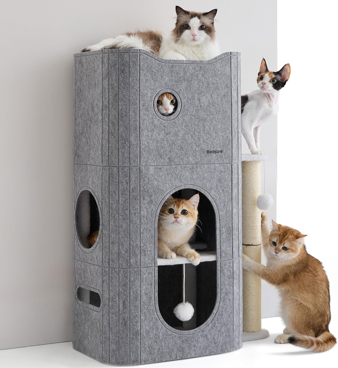 Bedsure Cat Beds for Indoor Cats - Large Cat Cave for Pet Cat House with Fluffy Ball Hanging and Scratch Pad, Foldable Cat Hideaway, 16.5x16.5x13 inches Gronata