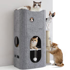 Bedsure Cat Beds for Indoor Cats - Large Cat Cave for Pet Cat House with Fluffy Ball Hanging and Scratch Pad, Foldable Cat Hideaway, 16.5x16.5x13 inches, Grey Gronata