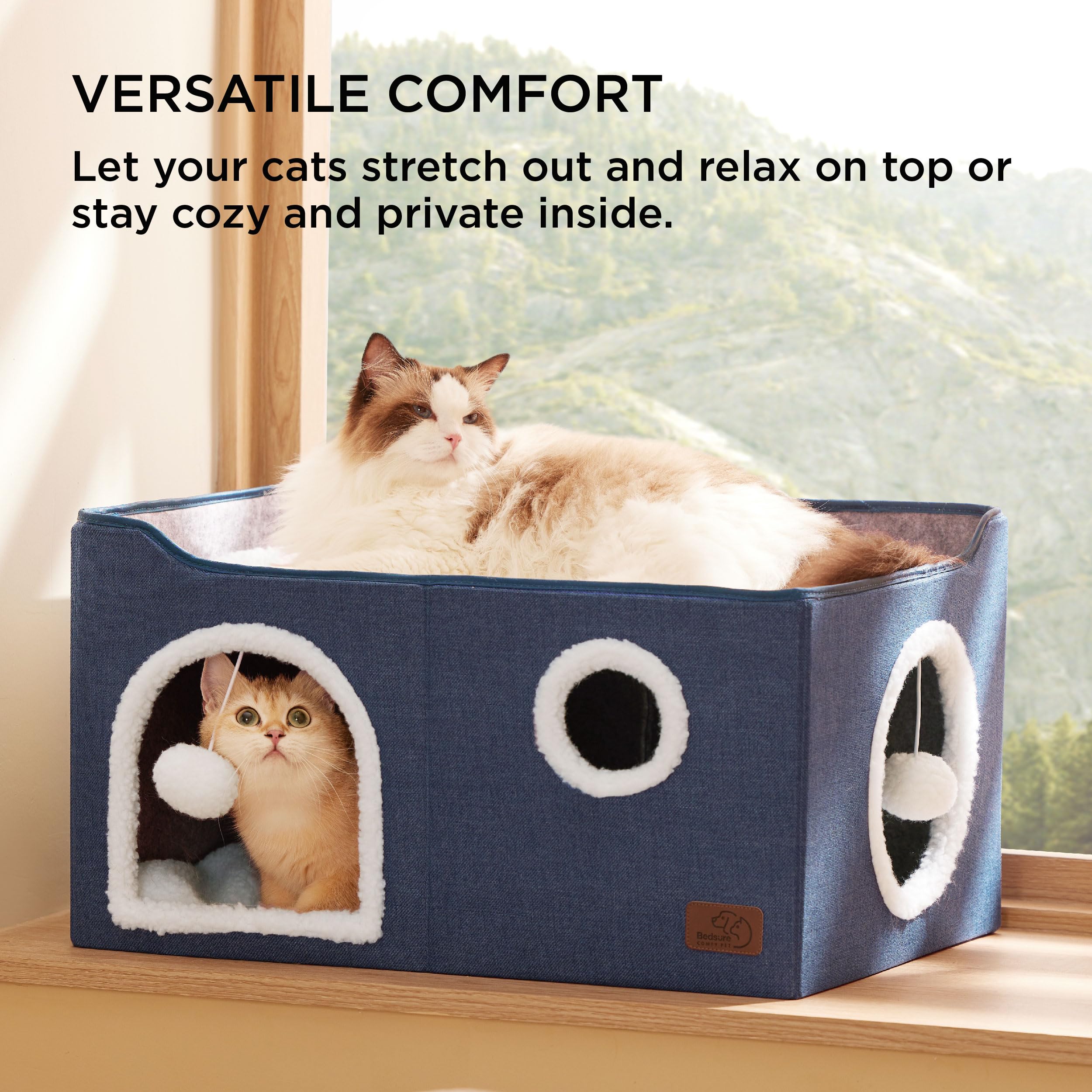 Bedsure Cat Beds for Indoor Cats - Large Cat Cave for Pet Cat House with Fluffy Ball Hanging and Scratch Pad, Foldable Cat Hideaway, 16.5x16.5x13 inches, Grey Gronata
