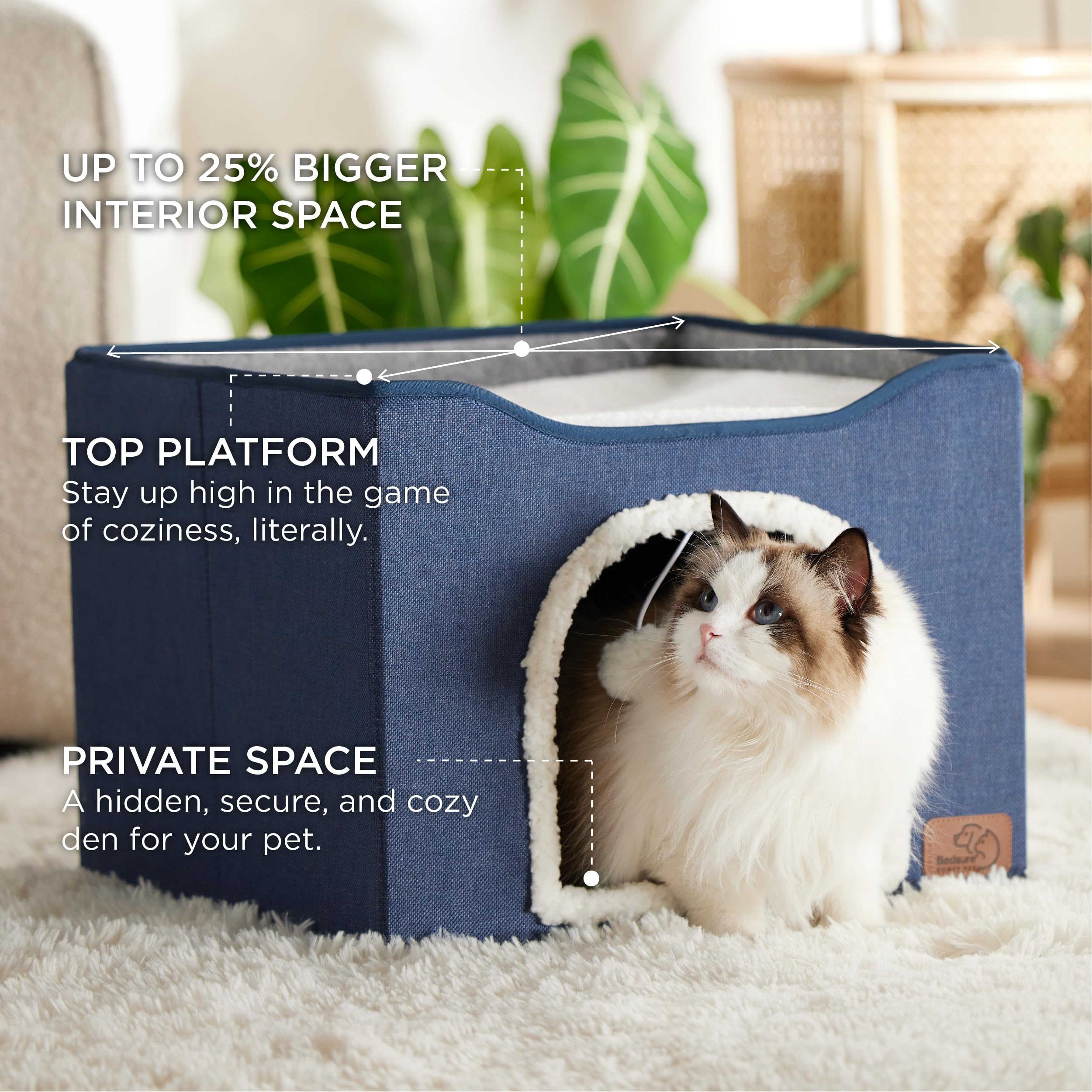 Bedsure Cat Beds for Indoor Cats - Large Cat Cave for Pet Cat House with Fluffy Ball Hanging and Scratch Pad, Foldable Cat Hideaway, 16.5x16.5x13 inches, Grey Gronata
