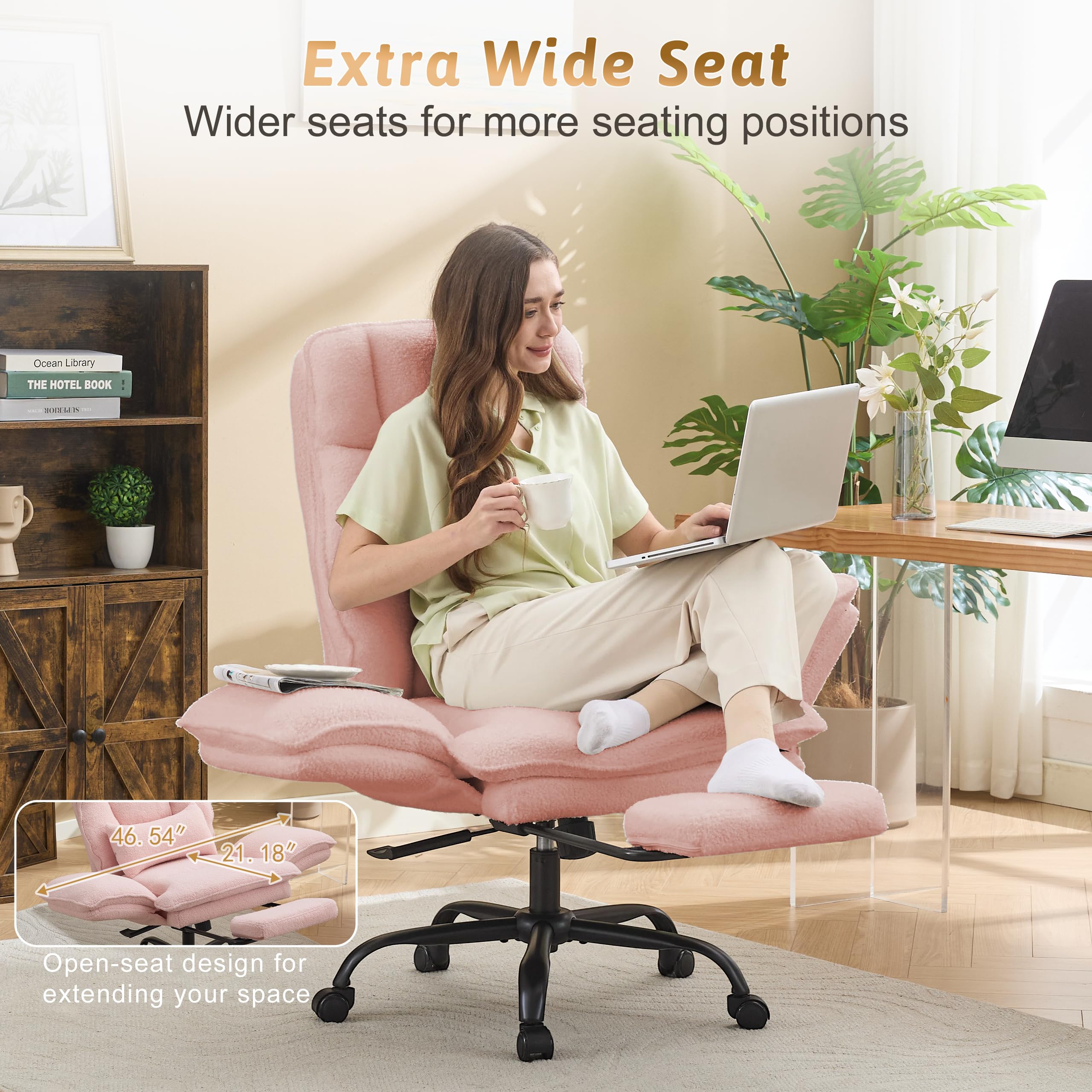 Office Chair,Big and Tall Heavy-Duty Executive Reclining Computer Gaming Chair with Footrest,Flip Armrests,Lumbar Pillow&Thicken Wider Seat for Criss Cross Legged Desk Vanity Chair,Teddy Fabric White Gronata
