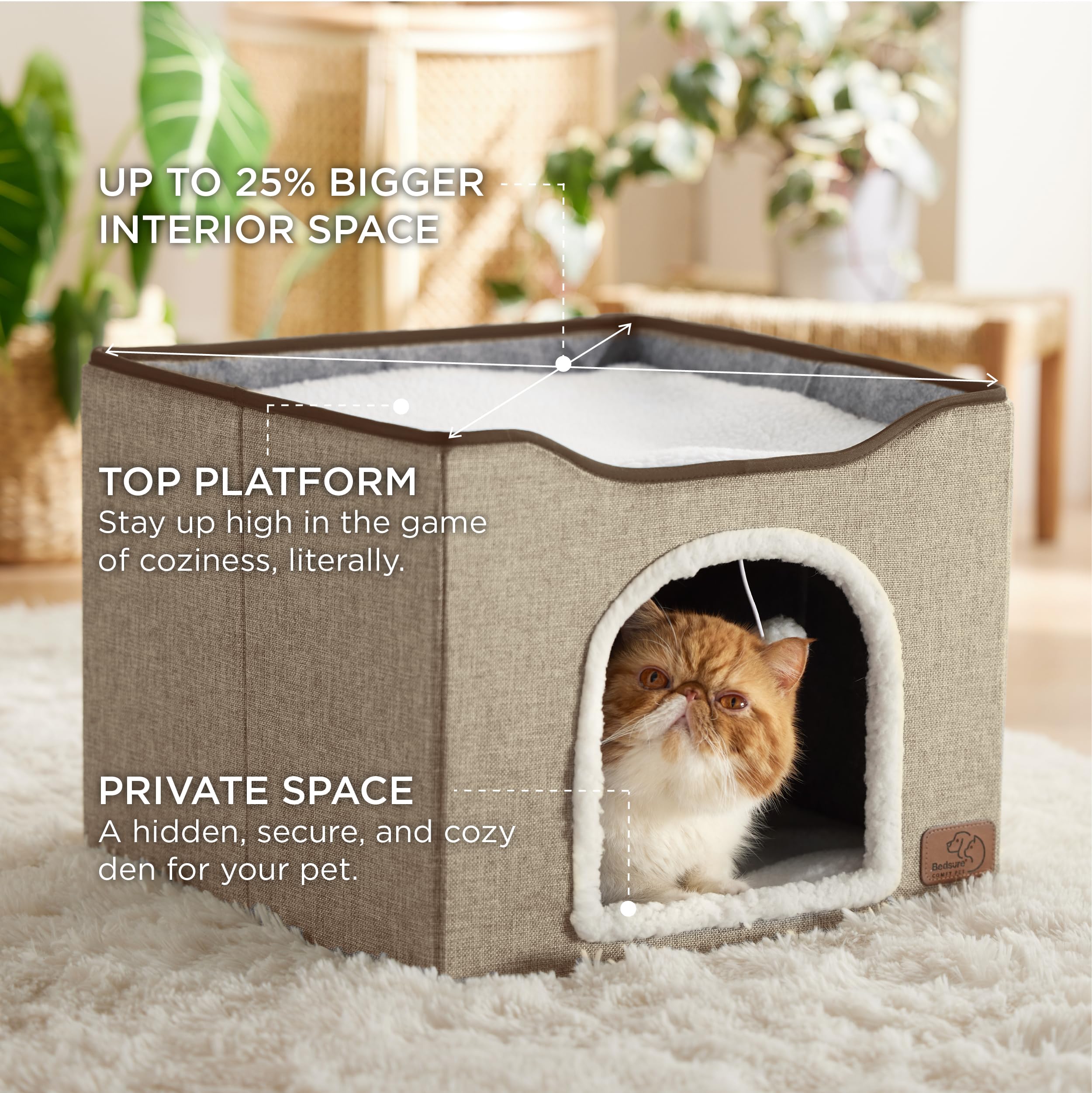 Bedsure Cat Beds for Indoor Cats - Large Cat Cave for Pet Cat House with Fluffy Ball Hanging and Scratch Pad, Foldable Cat Hideaway, 16.5x16.5x13 inches, Grey Gronata