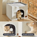 Bedsure Cat Beds for Indoor Cats - Large Cat Cave for Pet Cat House with Fluffy Ball Hanging and Scratch Pad, Foldable Cat Hideaway, 16.5x16.5x13 inches, Grey Gronata