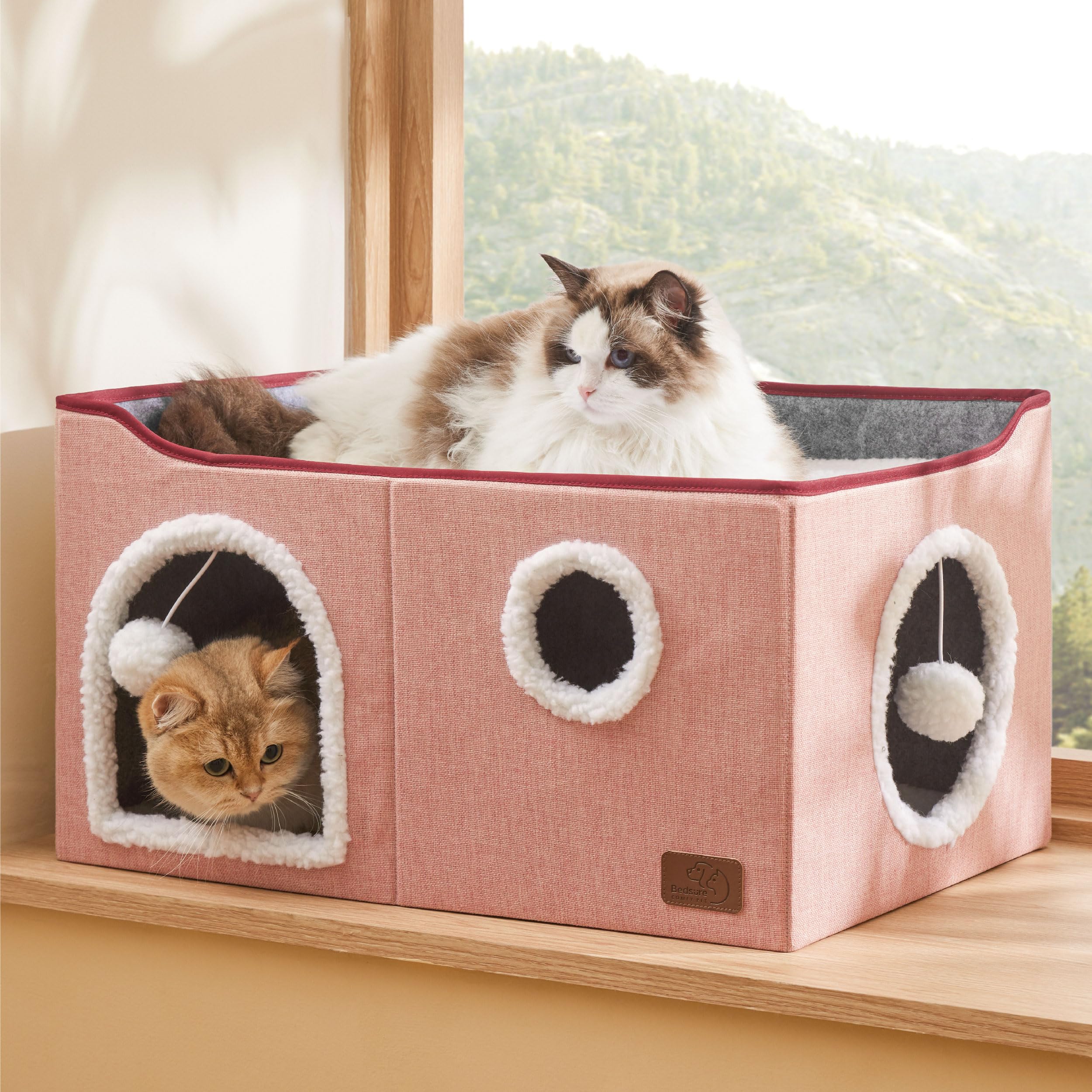 Bedsure Cat Beds for Indoor Cats - Large Cat Cave for Pet Cat House with Fluffy Ball Hanging and Scratch Pad, Foldable Cat Hideaway, 16.5x16.5x13 inches, Grey Gronata