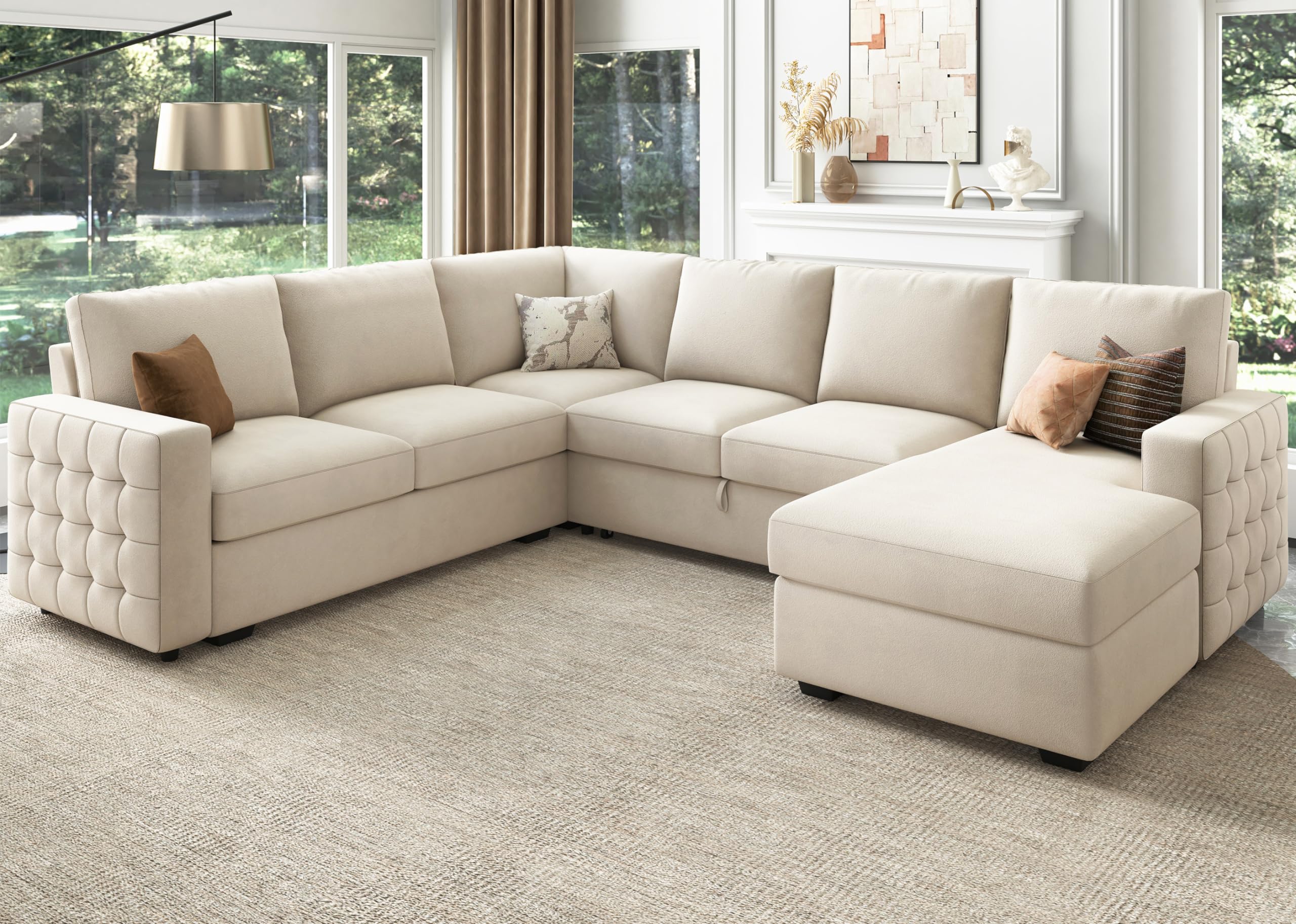 HONBAY Sectional Sleeper Sofa with Pull Out Bed U-Shape Sectional Couch Sleeper Bed with Storage Chaise 6 Seater Sleeper Sectional Sofa, Light Grey Gronata