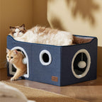 Bedsure Cat Beds for Indoor Cats - Large Cat Cave for Pet Cat House with Fluffy Ball Hanging and Scratch Pad, Foldable Cat Hideaway, 16.5x16.5x13 inches, Grey Gronata