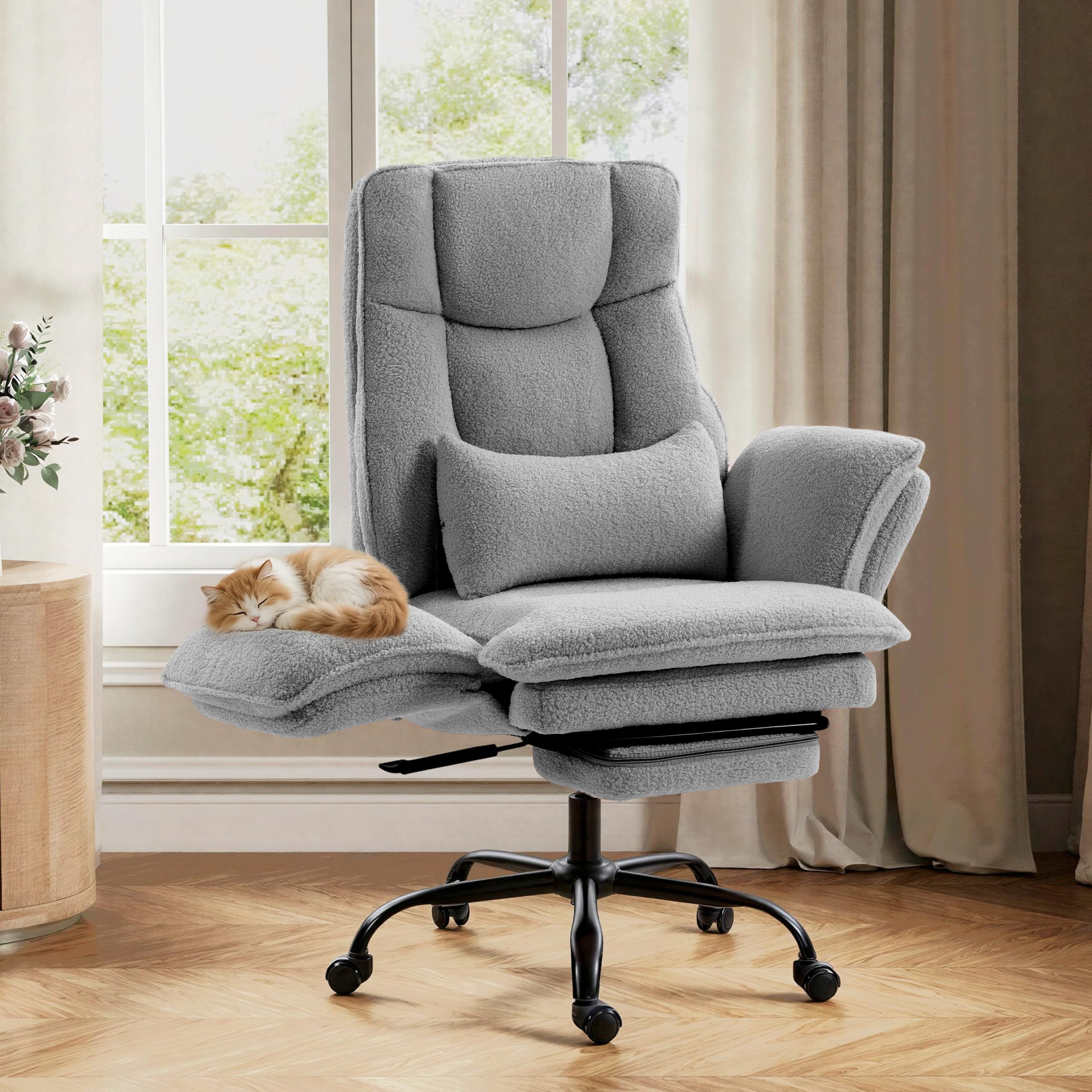 Office Chair,Big and Tall Heavy-Duty Executive Reclining Computer Gaming Chair with Footrest,Flip Armrests,Lumbar Pillow&Thicken Wider Seat for Criss Cross Legged Desk Vanity Chair,Teddy Fabric White Gronata