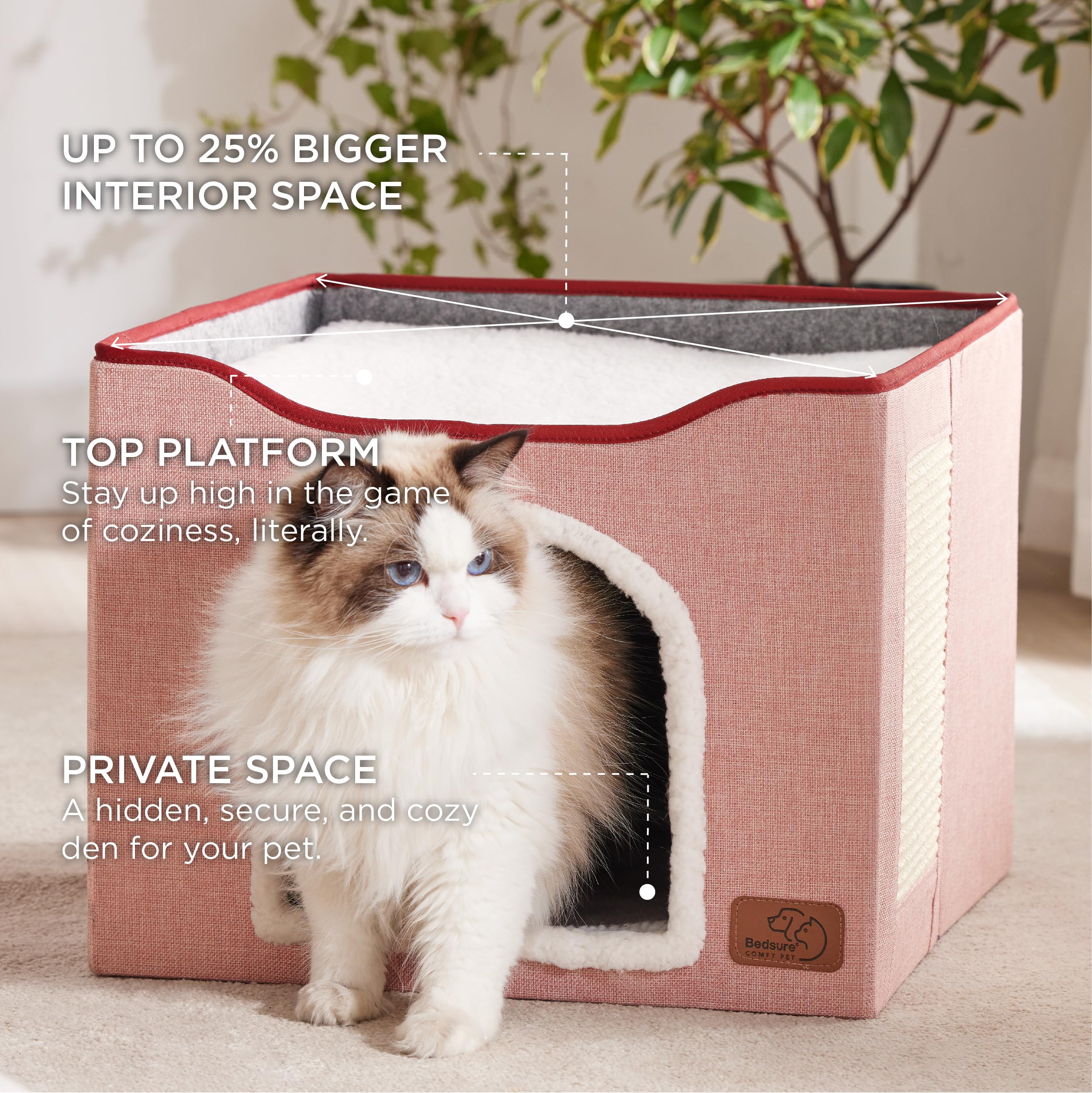 Bedsure Cat Beds for Indoor Cats - Large Cat Cave for Pet Cat House with Fluffy Ball Hanging and Scratch Pad, Foldable Cat Hideaway, 16.5x16.5x13 inches, Grey Gronata