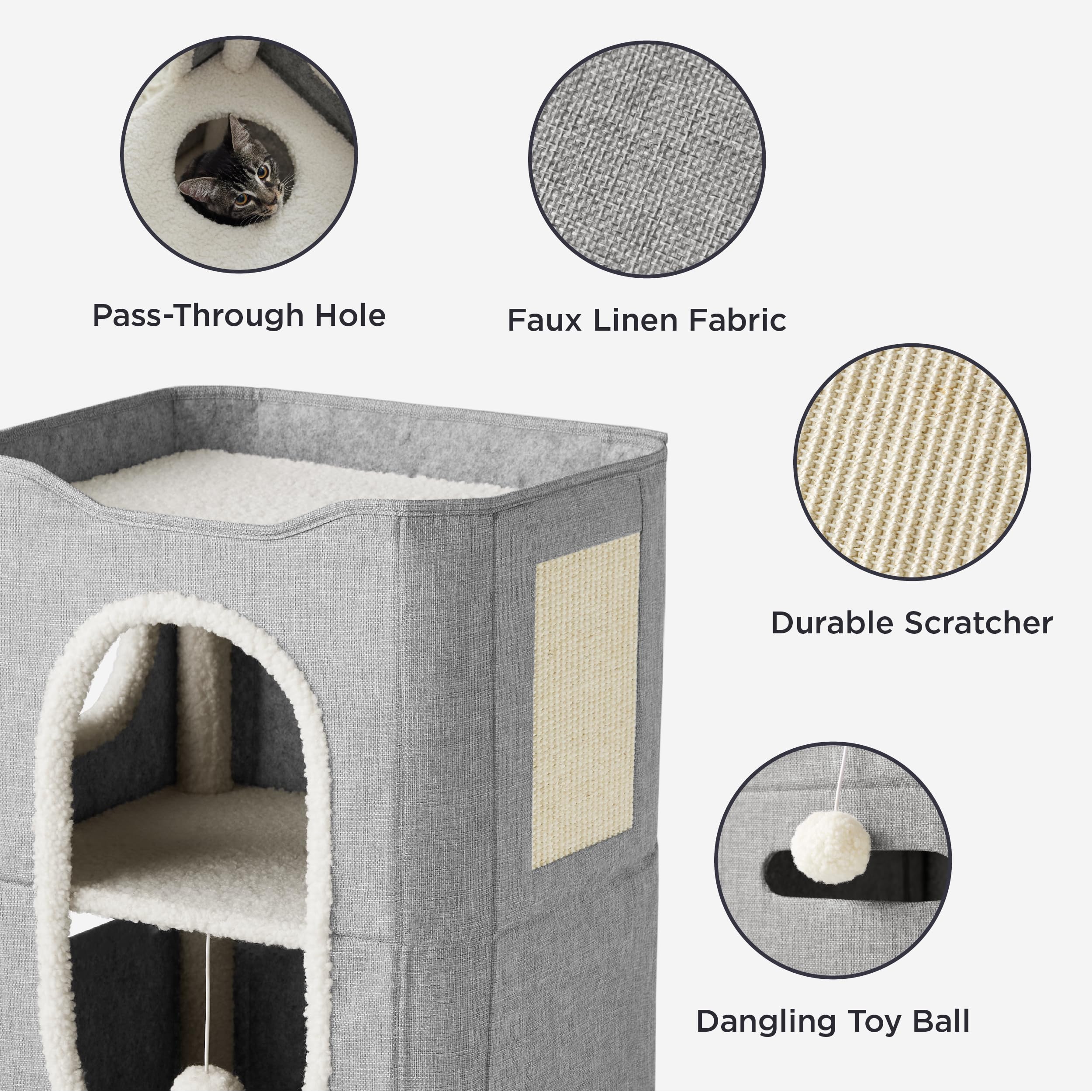Bedsure Cat Beds for Indoor Cats - Large Cat Cave for Pet Cat House with Fluffy Ball Hanging and Scratch Pad, Foldable Cat Hideaway, 16.5x16.5x13 inches, Grey Gronata