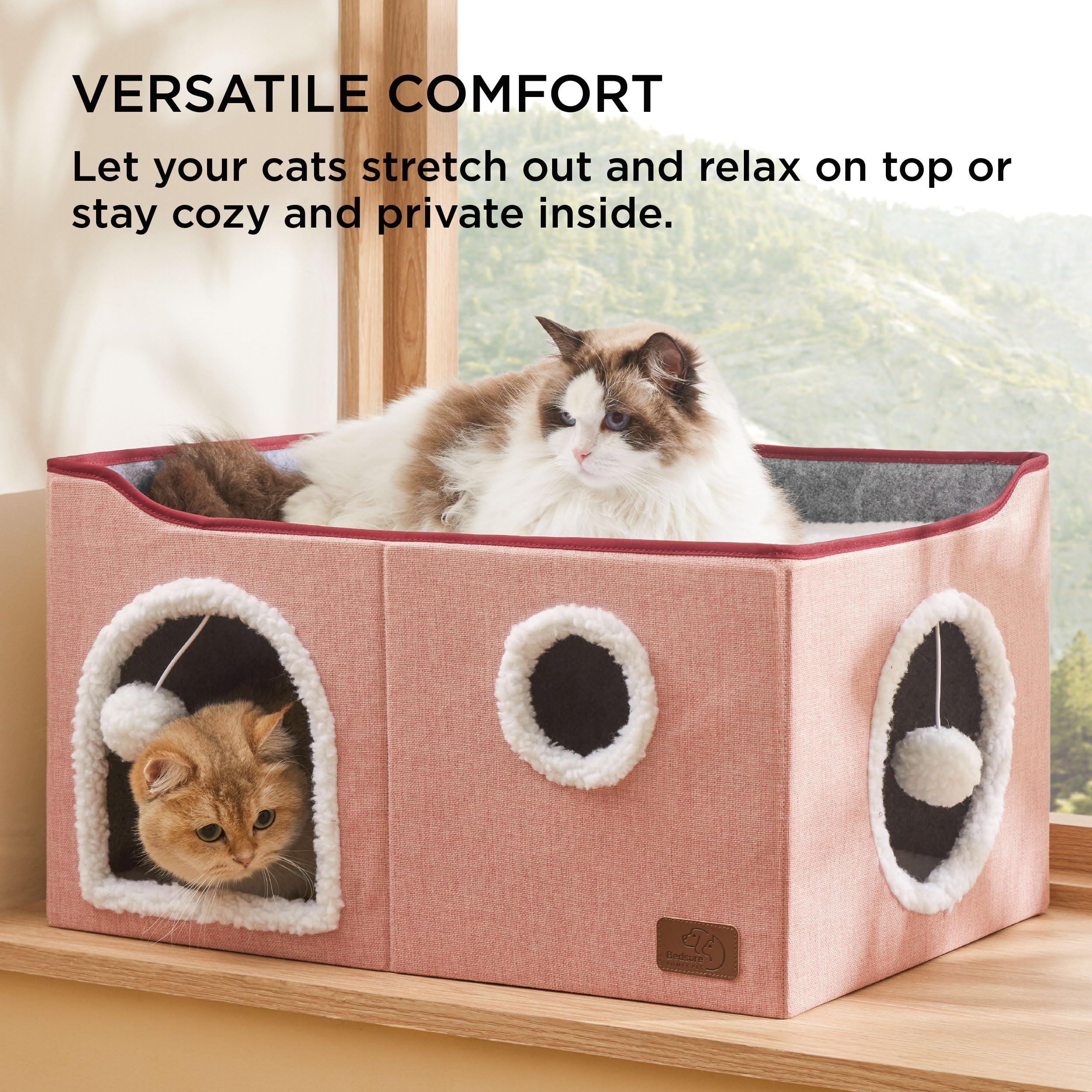 Bedsure Cat Beds for Indoor Cats - Large Cat Cave for Pet Cat House with Fluffy Ball Hanging and Scratch Pad, Foldable Cat Hideaway, 16.5x16.5x13 inches, Grey Gronata