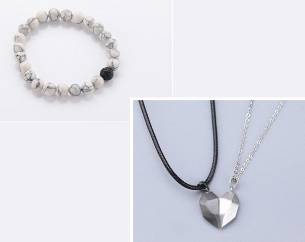 Attractive Wishing Stone Couple Pendant Necklace Ancient Love Token Heart-shaped Electrocardiogram Magnetic Heart Pendant Splicing Necklace Valentine's Day Gift Gronata