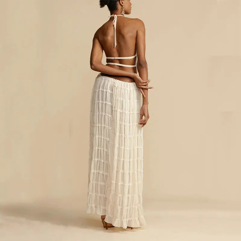 2pcs Women's Dress Suit Sexy Sleeveless Backless Cropped Halter Top And Pleated Long Skirt Beach Clothing Gronata