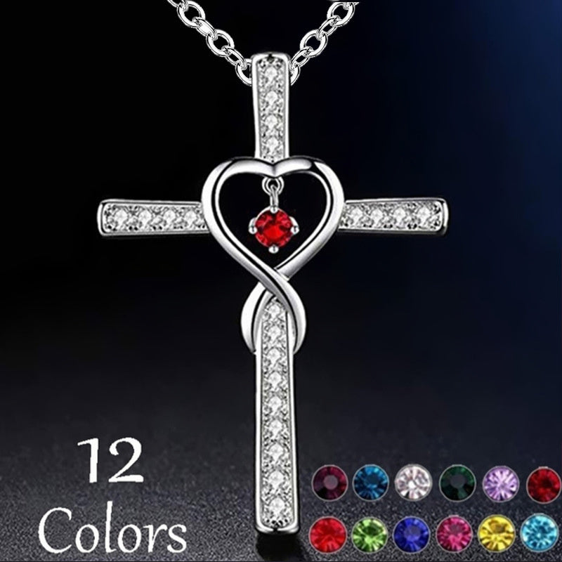 Infinity Love God We Trust Christian Cross Birthstone Crystal Pendant Necklace Colour Gems Zircon Heart Necklace Women Jewelry Gronata