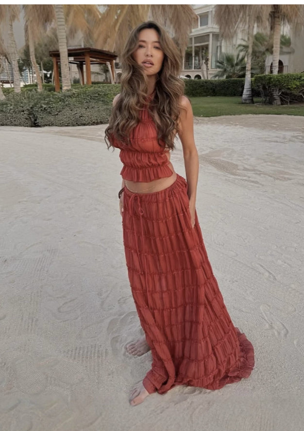 2pcs Women's Dress Suit Sexy Sleeveless Backless Cropped Halter Top And Pleated Long Skirt Beach Clothing Gronata