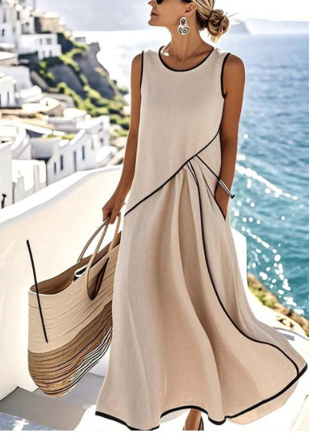 Summer Striped Print Dress Casual Beach Vacation Short-sleeved Maxi Dress Womens Clothing Gronata