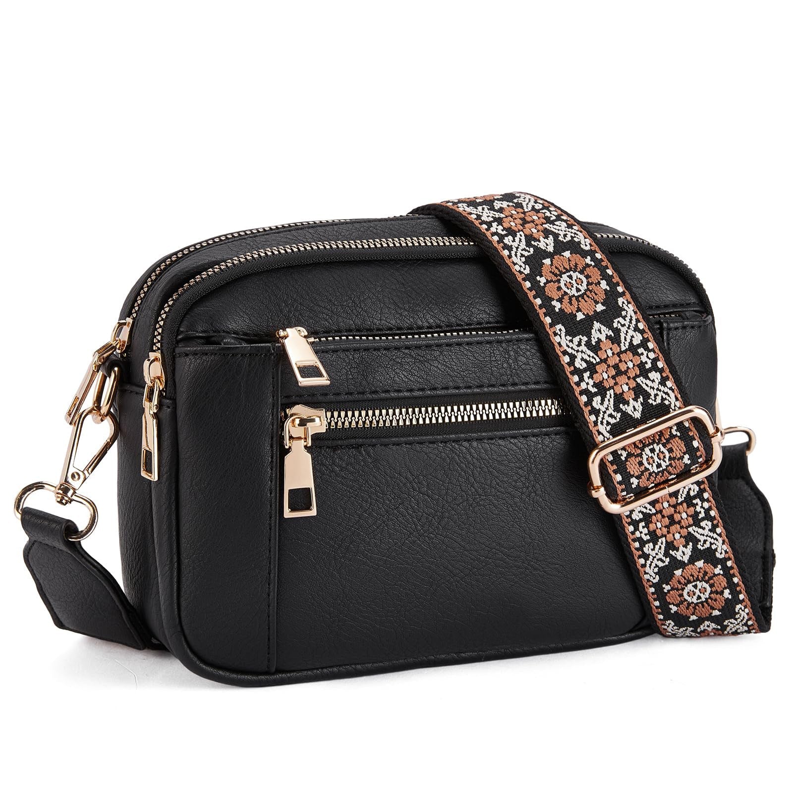 Triple-zipper Shoulder Bag With Floral Embroidered Straps Fashion Colorblock Multi-functional Crossbody Bags For Women Gronata