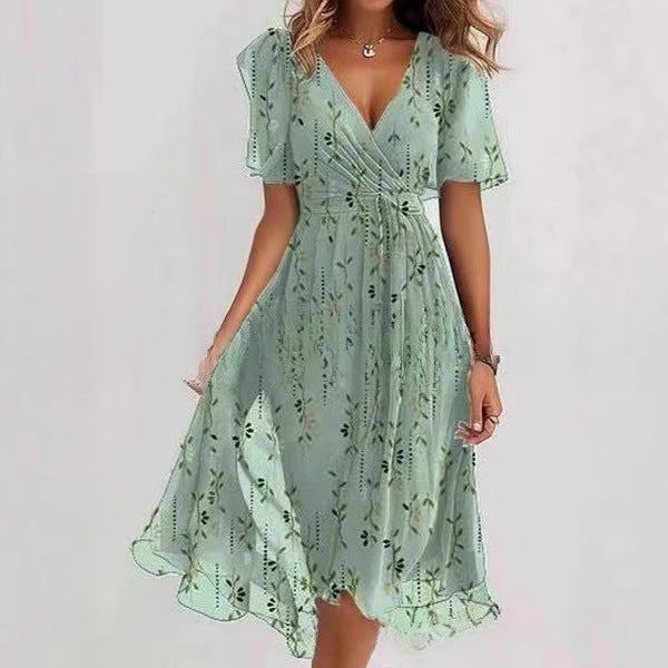 Flowers Printed V-neck Dress Summer A-line Short-sleeved Dresses For Women Gronata