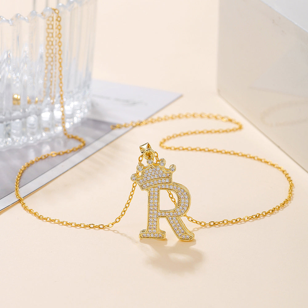 1PCS Fashionable Gold Diamond Crown Uppercase Letter Popular Pendant Necklace Suitable For Daily Use Festivals Parties Gifts Jewelry Set Gronata